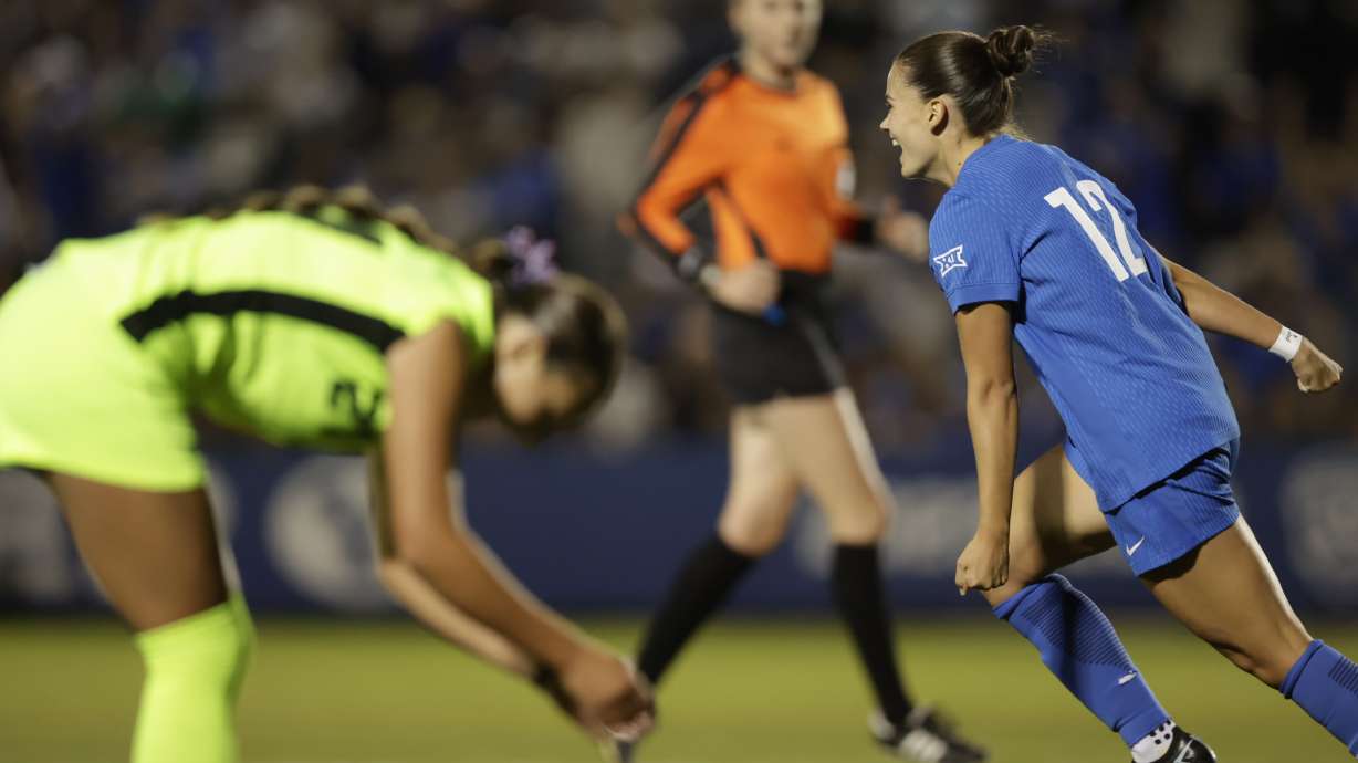 BYU midfielder Afton Perry celebrates after scoring her first collegiate goal during a 2-0 win over crosstown rival Utah Valley, Friday, Sept. 12, 2025 at South Field in Provo, Utah.