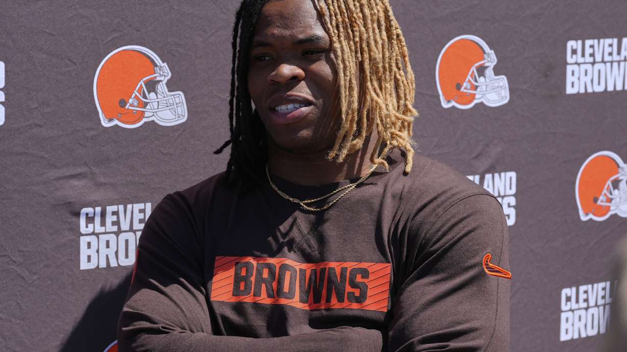 FILE - Cleveland Browns running back Quinshon Judkins speaks during a news conference at the NFL football team's rookie minicamp in Berea, Ohio, Friday, May 9, 2025.