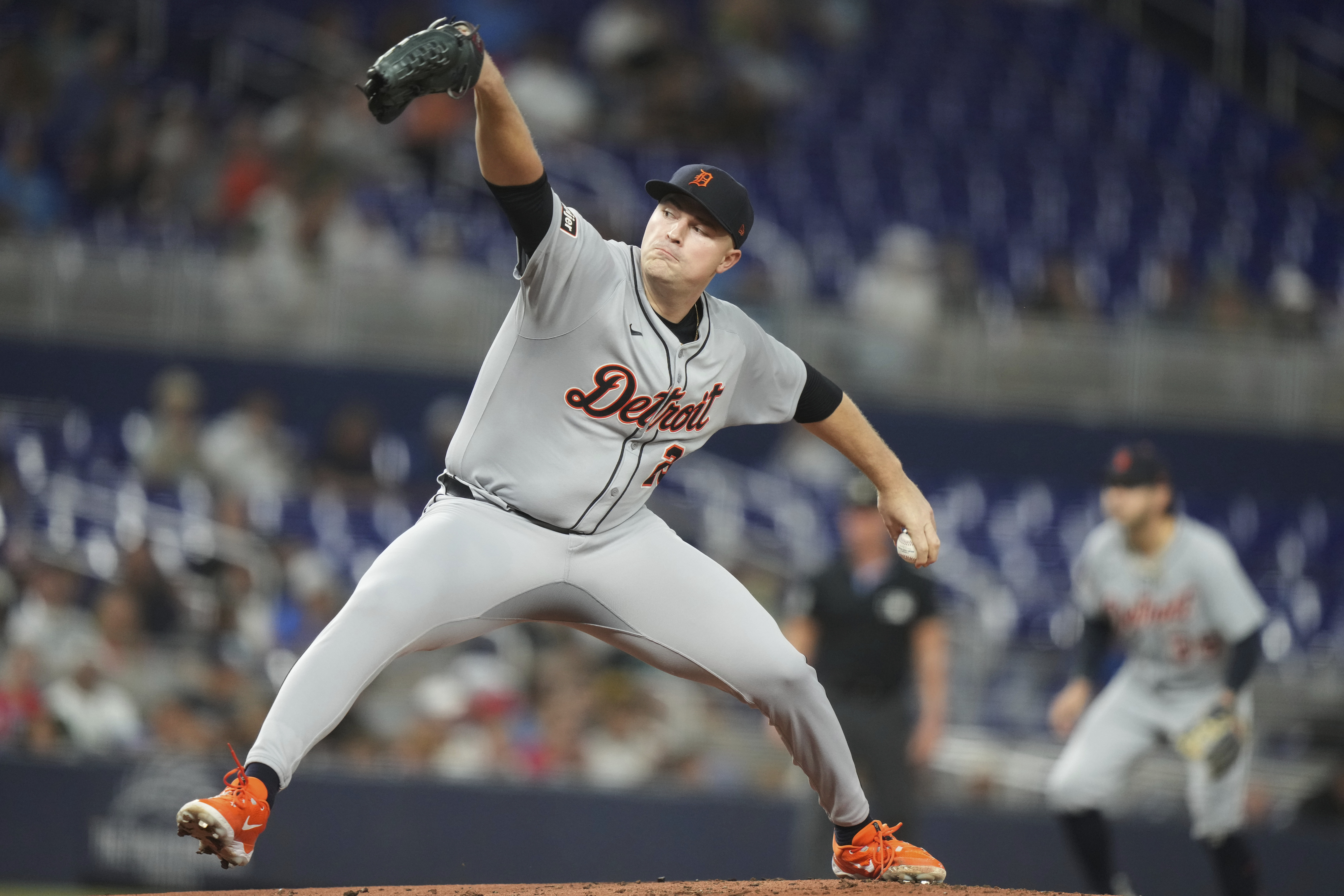 Detroit Tigers starting pitcher Tarik Skubal throws during the first inning of a baseball game against the Miami Marlins, Friday, Sept. 12, 2025, in Miami. 