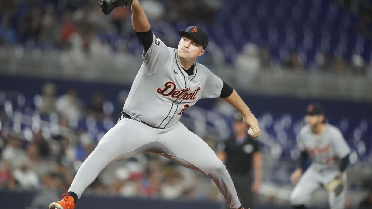 Detroit Tigers starting pitcher Tarik Skubal throws during the first inning of a baseball game against the Miami Marlins, Friday, Sept. 12, 2025, in Miami.