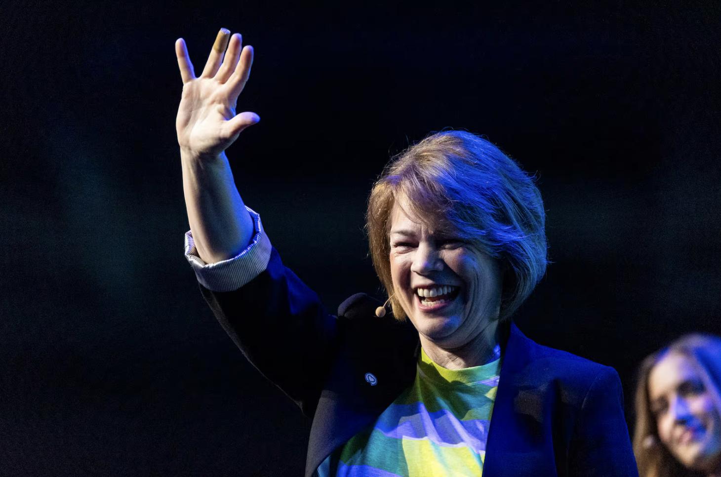 Sharon Eubank, director of humanitarian services and former first counselor in the Relief Society general presidency of The Church of Jesus Christ of Latter-day Saints, waves to an audience member during the 2024 Utah Area Young Single Adult Conference held at the Salt Palace Convention Center in Salt Lake City on Aug. 3, 2024.