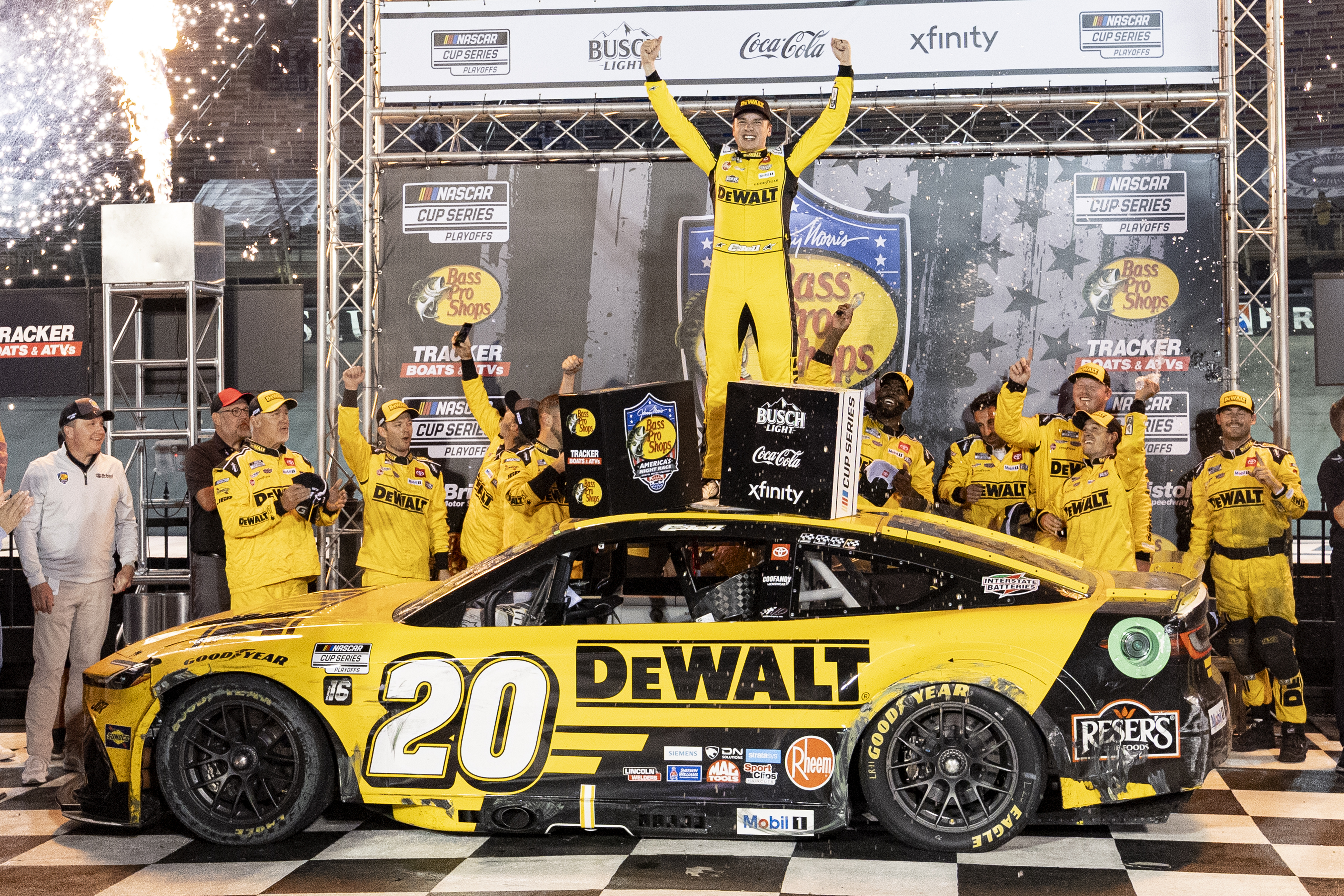 Christopher Bell (20) celebrates winning a NASCAR Cup Series auto race, Saturday, Sept. 13, 2025, in Bristol, Tenn.
