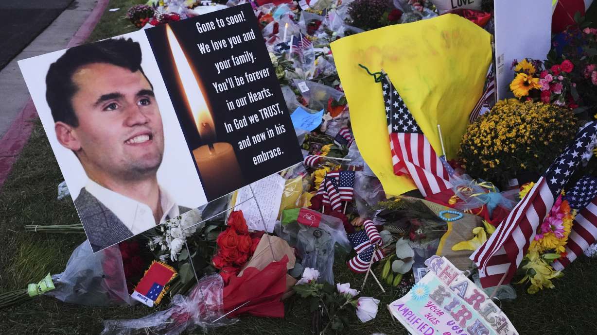 A memorial for Turning Point USA CEO and co-founder Charlie Kirk is seen at Utah Valley University, Saturday, Sept. 13, 2025, in Orem, Utah.