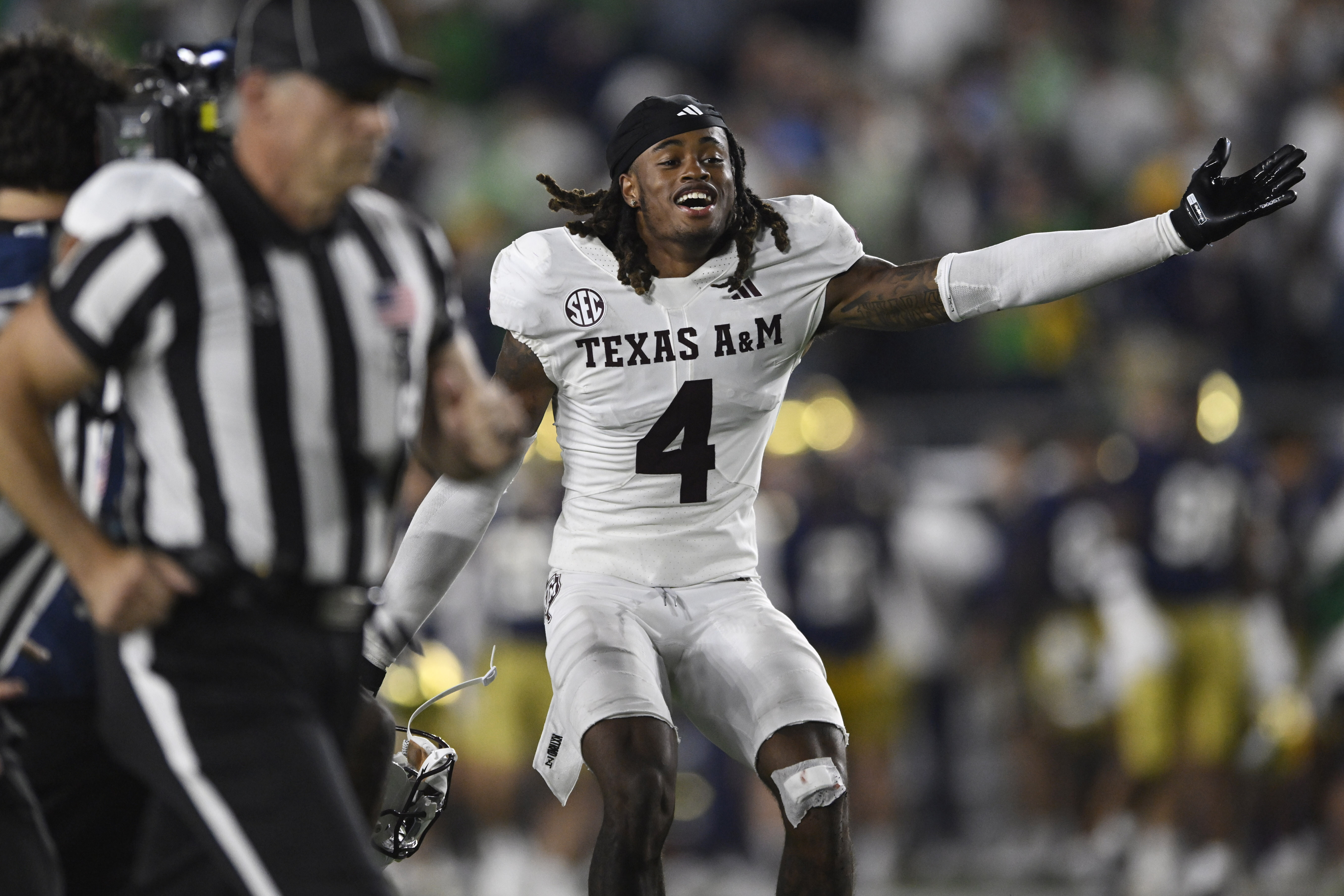 Texas A&M's Will Lee III celebrates after defeating Notre Dame 41-40 in an NCAA football game Saturday, Sept. 13, 2025, in South Bend, Ind. 
