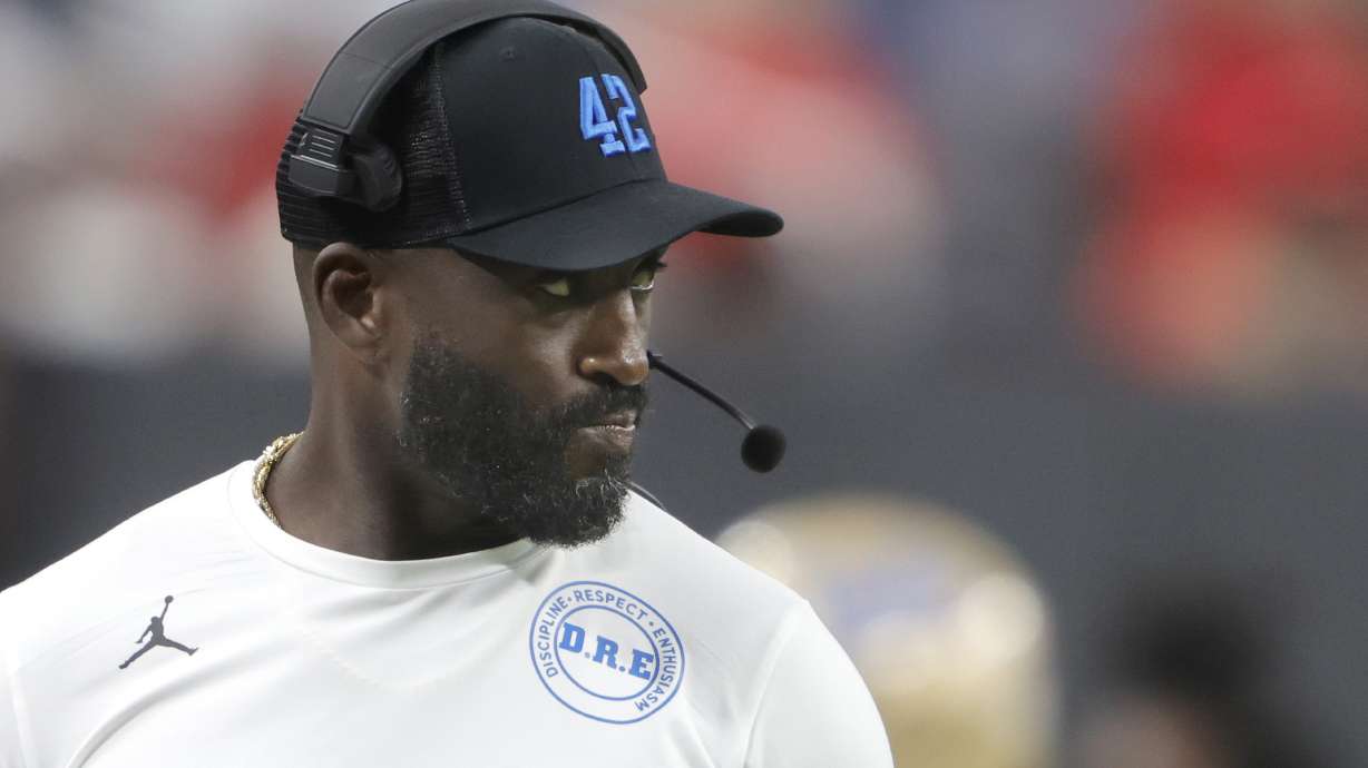 UCLA head coach DeShaun Foster watches as his team plays UNLV during the first half of an NCAA football game Saturday, Sept. 6, 2025, in Las Vegas.