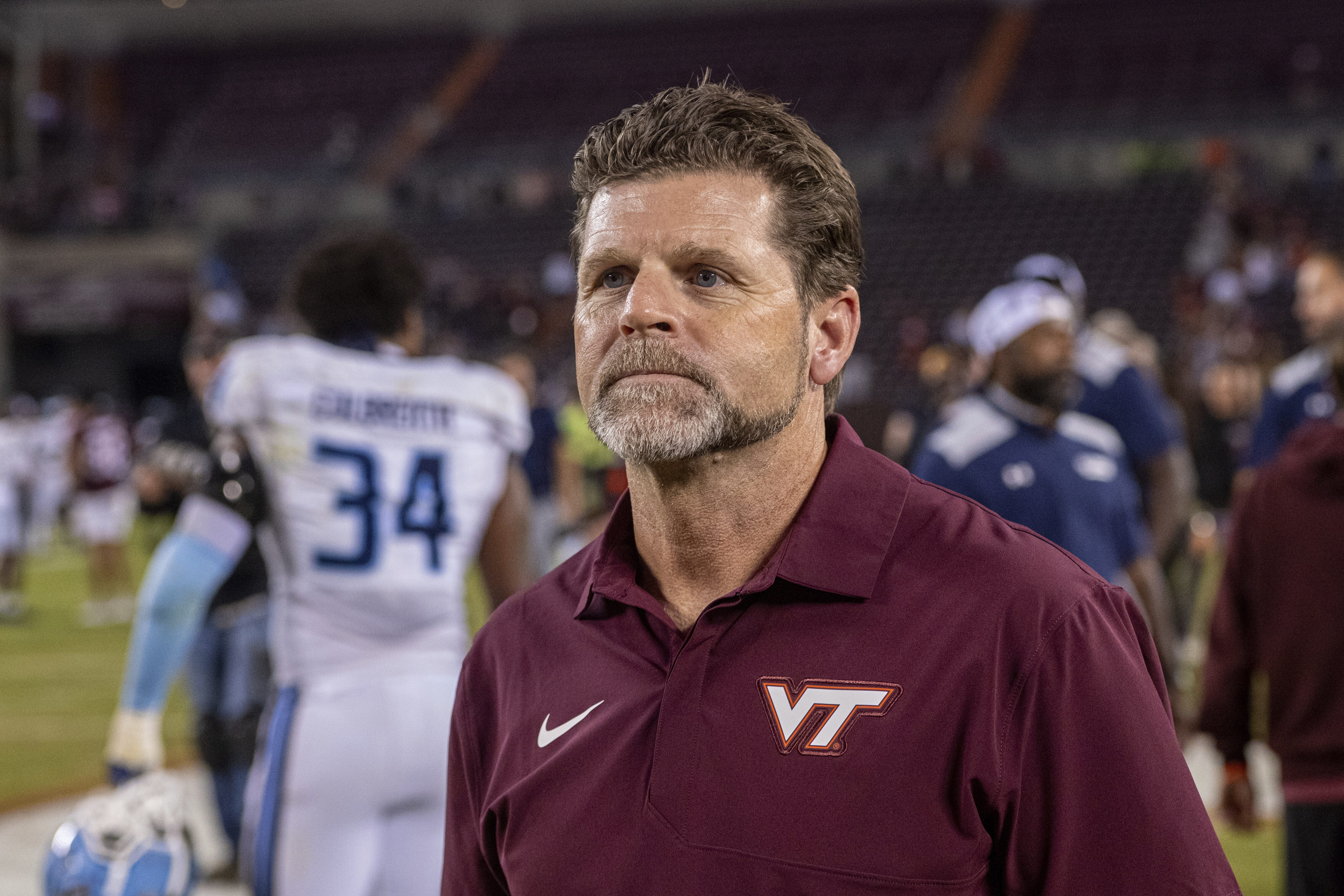 Virginia Tech head coach Brent Pry looks on after an NCAA college football game against Old Dominion, Saturday, Sept. 13, 2025, in Blacksburg, Va. 