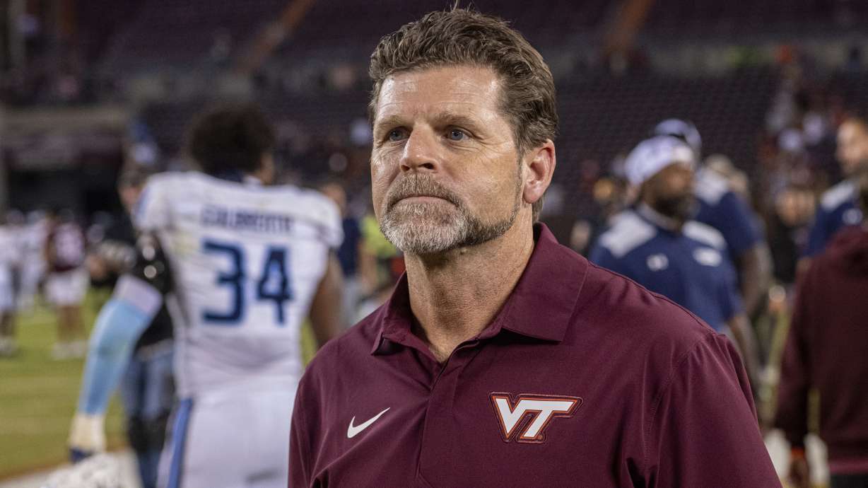 Virginia Tech head coach Brent Pry looks on after an NCAA college football game against Old Dominion, Saturday, Sept. 13, 2025, in Blacksburg, Va.