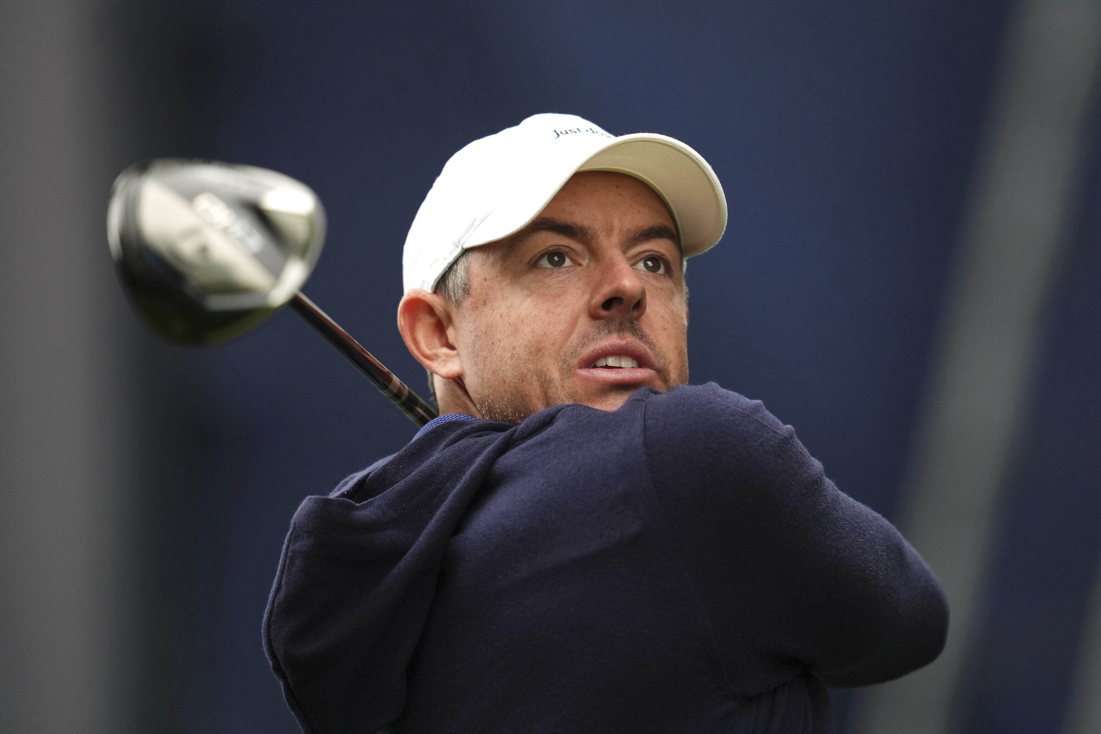 Rory McIlroy of Northern Ireland tees off the 17th during day four of the 2025 BMW PGA Championship at Wentworth Golf Club in Virginia Water, Surrey, England, Sunday Sept. 14, 2025. 