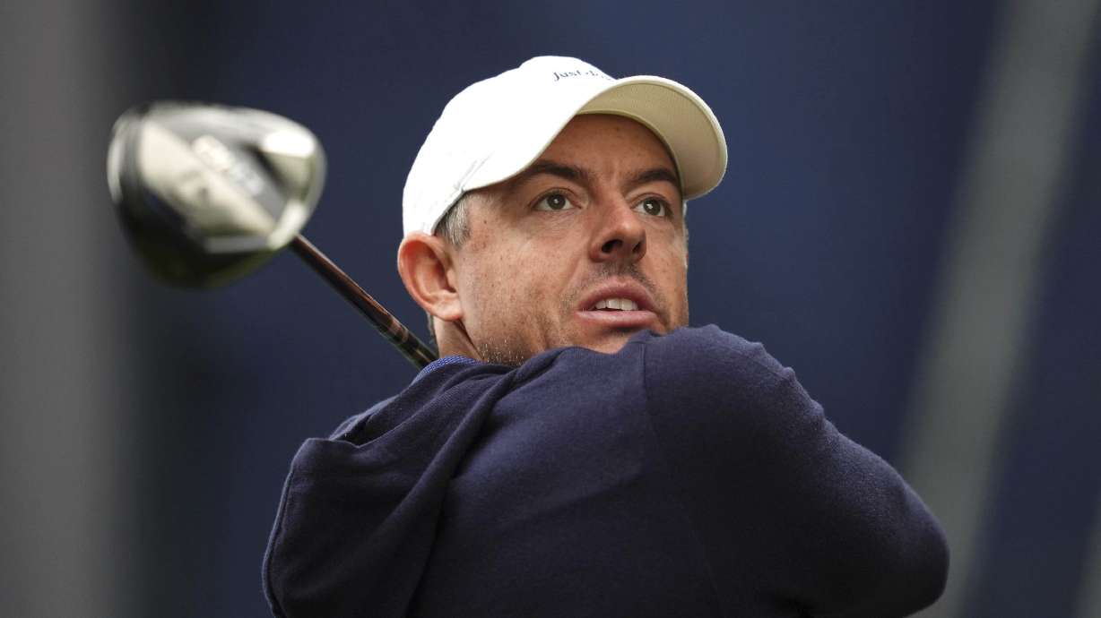 Rory McIlroy of Northern Ireland tees off the 17th during day four of the 2025 BMW PGA Championship at Wentworth Golf Club in Virginia Water, Surrey, England, Sunday Sept. 14, 2025.