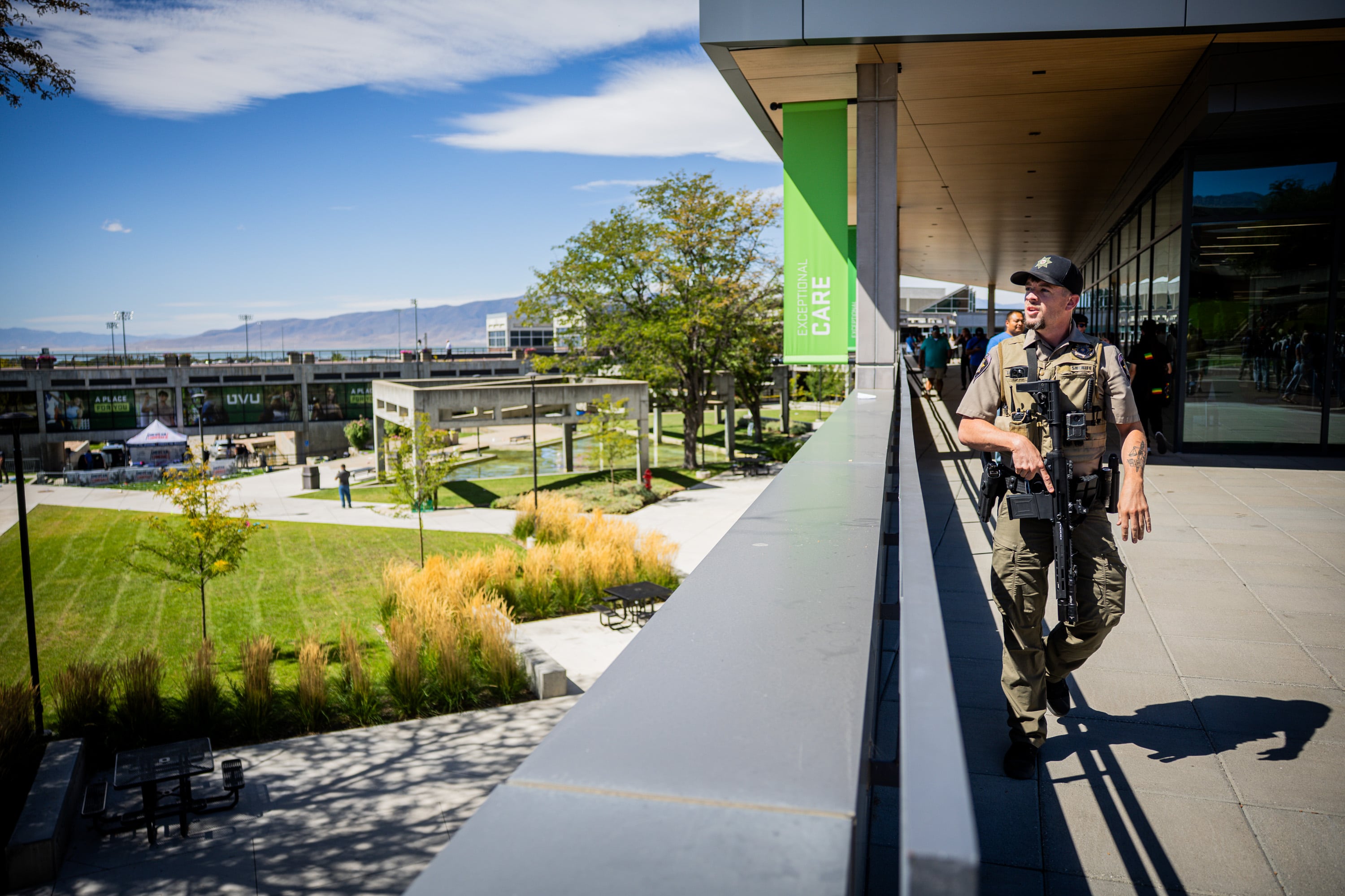 Law enforcement sets up a barricade after Charlie Kirk was shot during Turning Point USA’s visit to Utah Valley University in Orem on Wednesday.