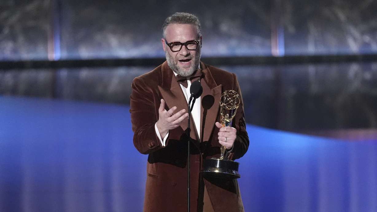 Seth Rogen accepts the award for outstanding lead actor in a comedy series for "The Studio" during the 77th Primetime Emmy Awards on Sunday, at the Peacock Theater in Los Angeles.