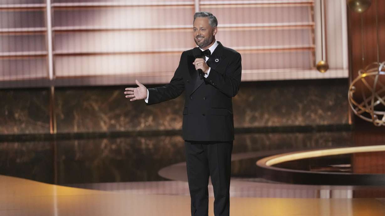 Host Nate Bargatze speaks during the 77th Primetime Emmy Awards on Sunday, at the Peacock Theater in Los Angeles.