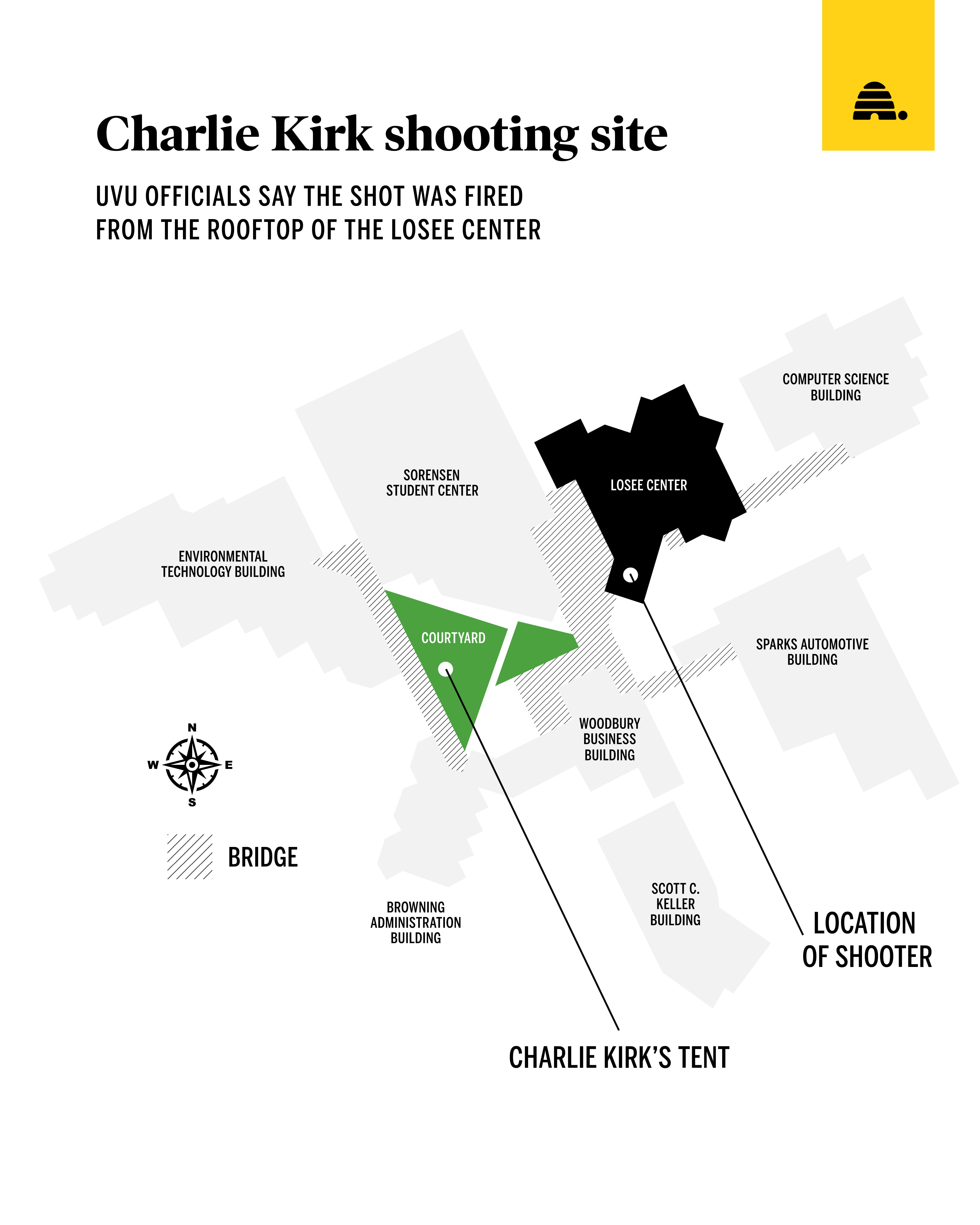 A graphic shows the Charlie Kirk shooting site.