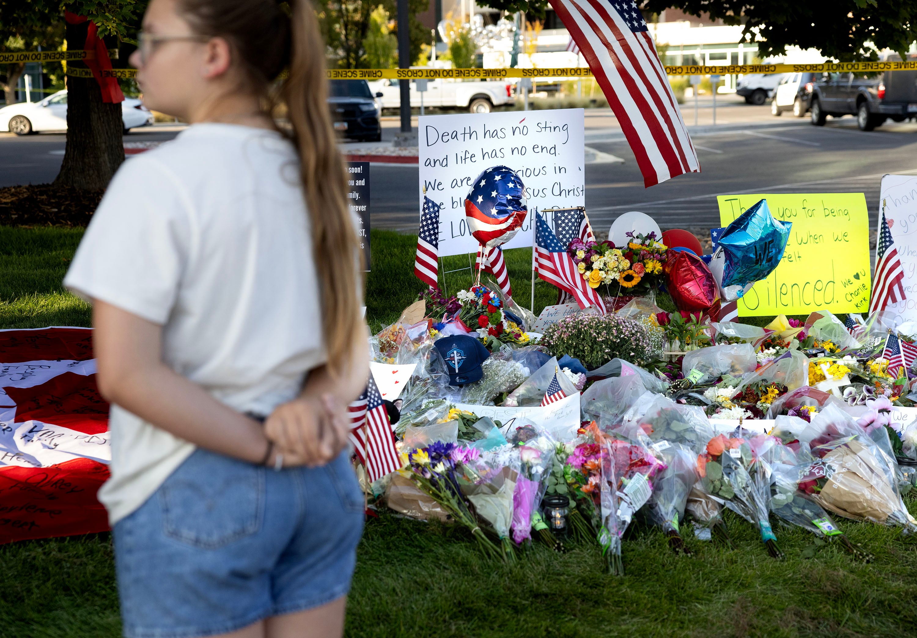 A memorial for Charlie Kirk is pictured at Utah Valley University in Orem on Friday.