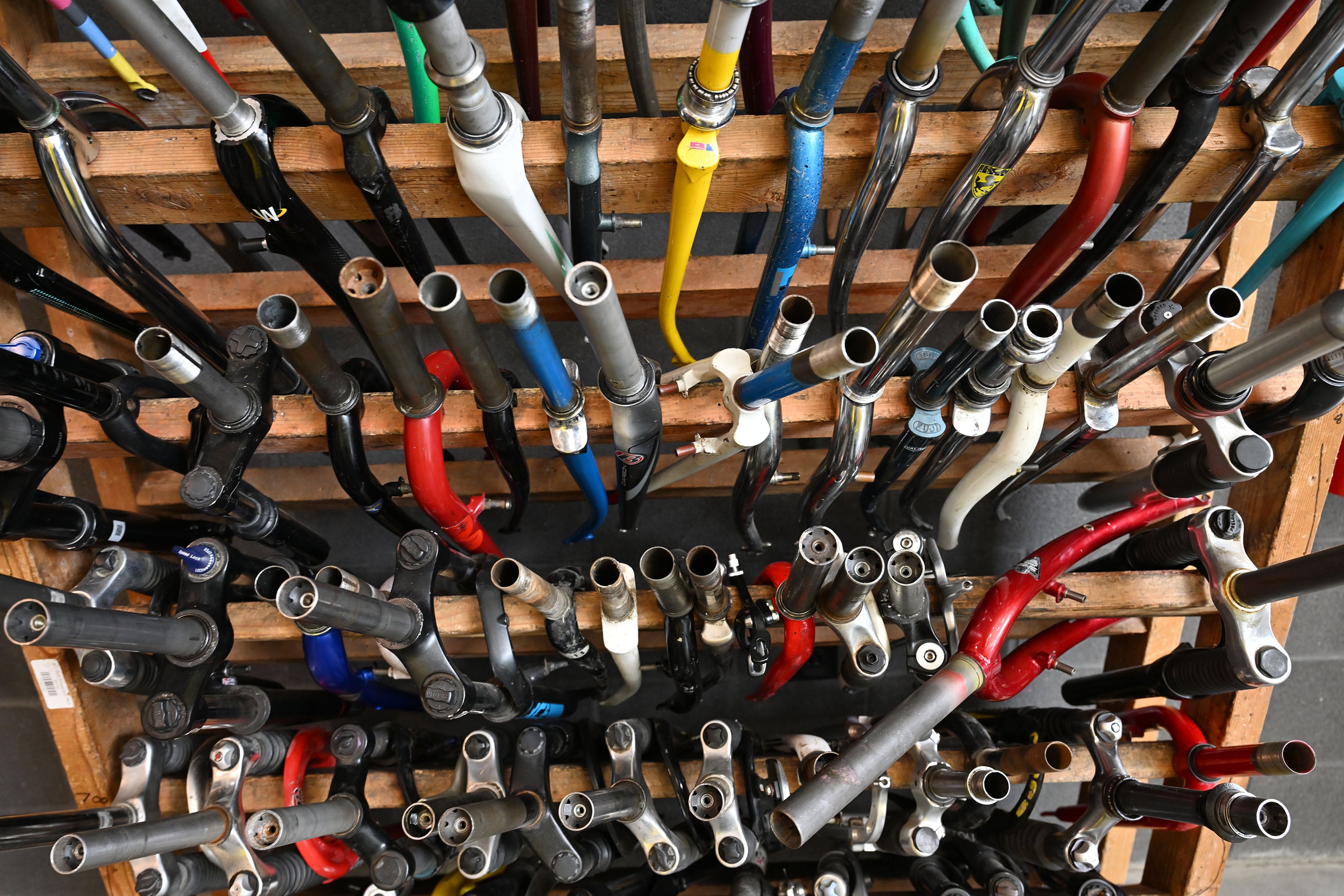 Bike forks sit on the sales floor at the Bike Collective in Salt Lake City on Aug. 26.