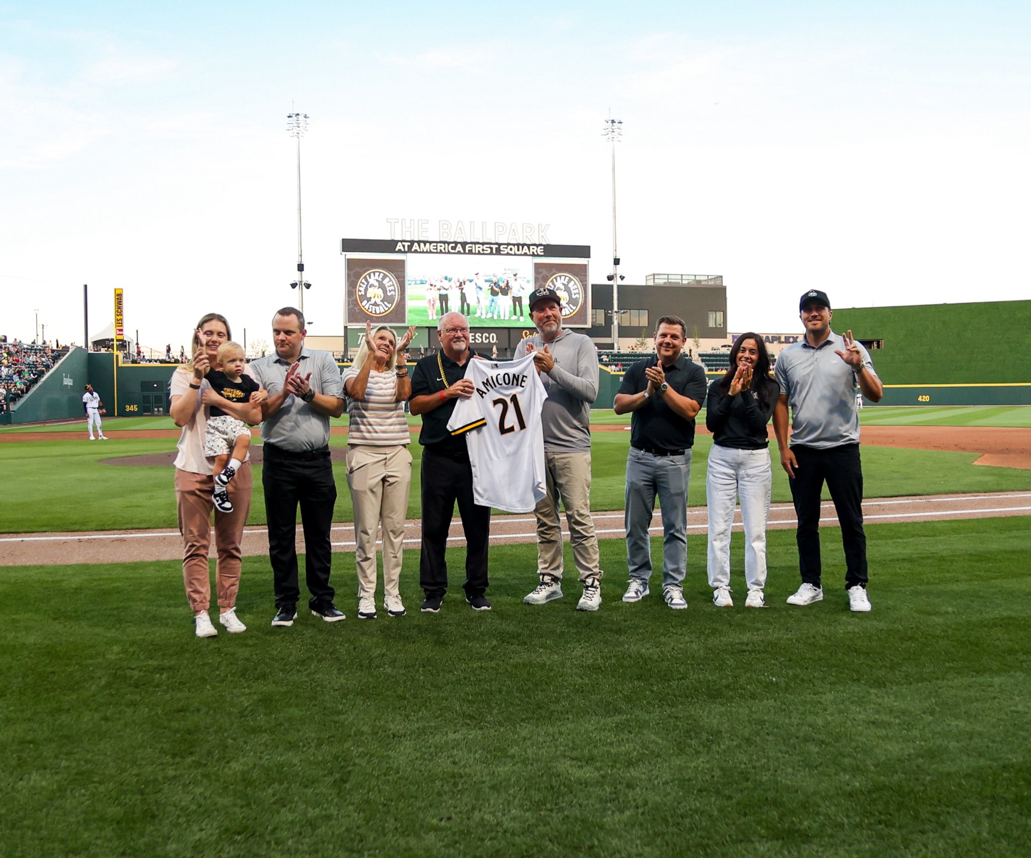 Marc Amicone and his family are honored before a Salt Lake Bees game on Sept. 3 at The Ballpark at America First Square in South Jordan.