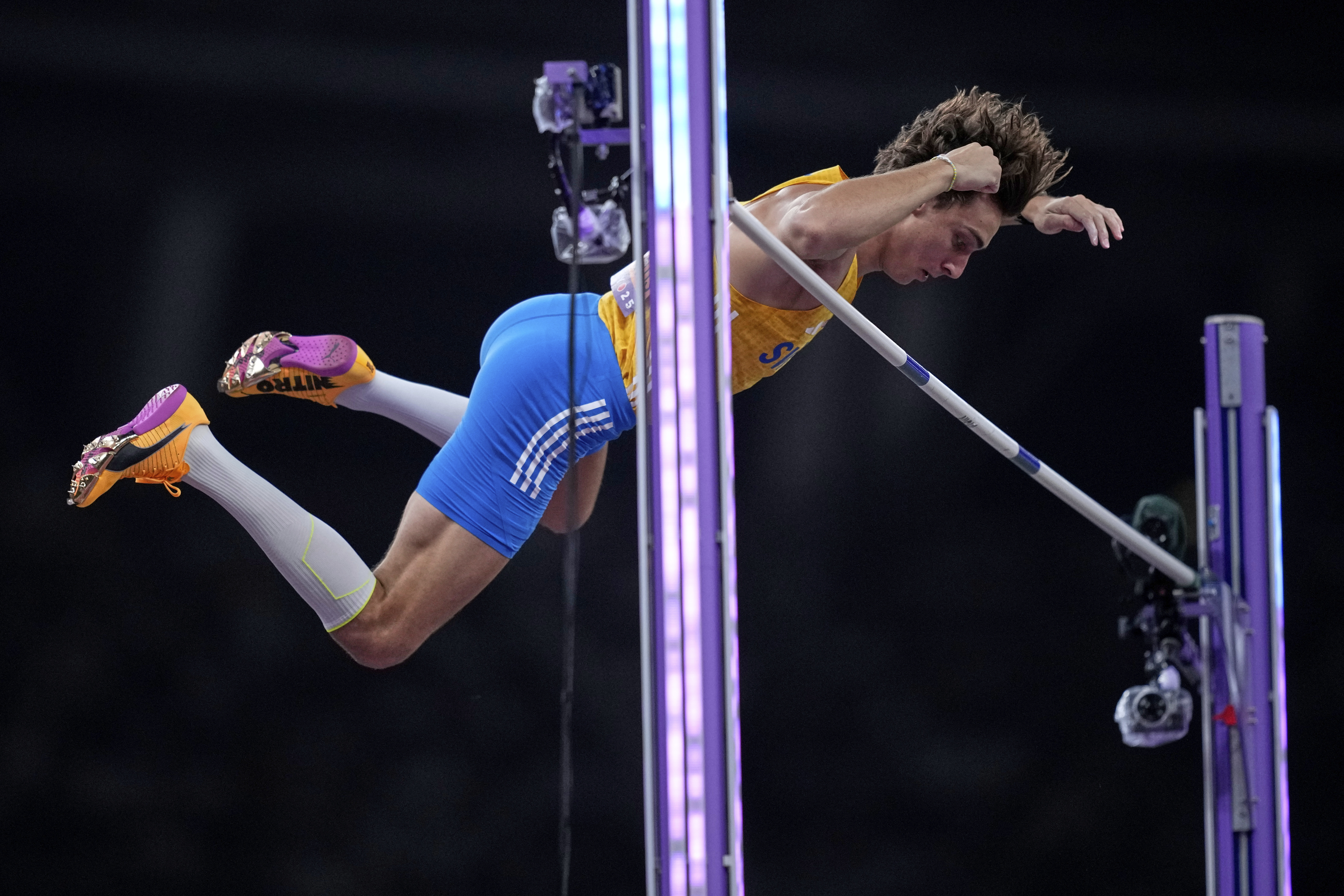 Sweden's Armand Duplantis making a clearance in the men's pole vault final at the World Athletics Championships in Tokyo, Monday, Sept. 15, 2025. 