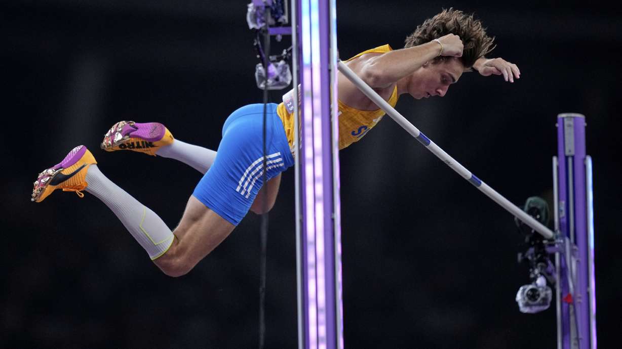 Sweden's Armand Duplantis making a clearance in the men's pole vault final at the World Athletics Championships in Tokyo, Monday, Sept. 15, 2025.