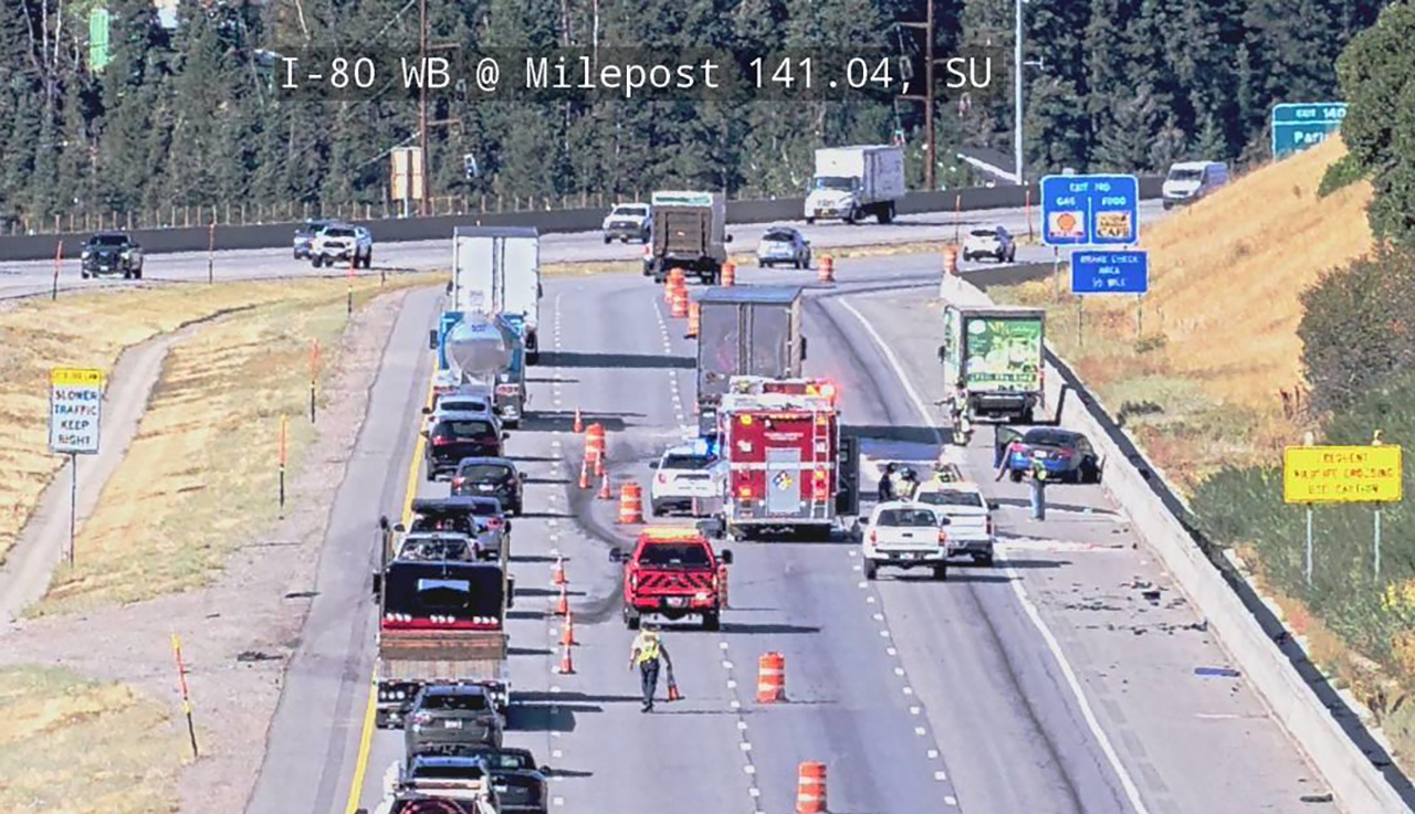 Crews clean up fuel from a crash on westbound I-80 near Parleys Canyon on Monday. The crash closed an extra lane after two lanes were already closed for construction.