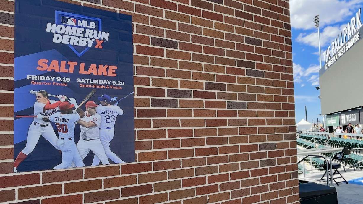 A posted promoting MLB's Home Run Derby X is posted on a wall inside The Ballpark at America First Square in South Jordan on Sunday.