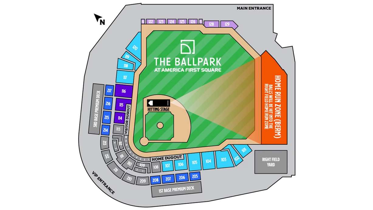 A map showing the setup for Home Run Derby X at The Ballpark at America First Square. The two-day event will be held on Friday and Saturday.