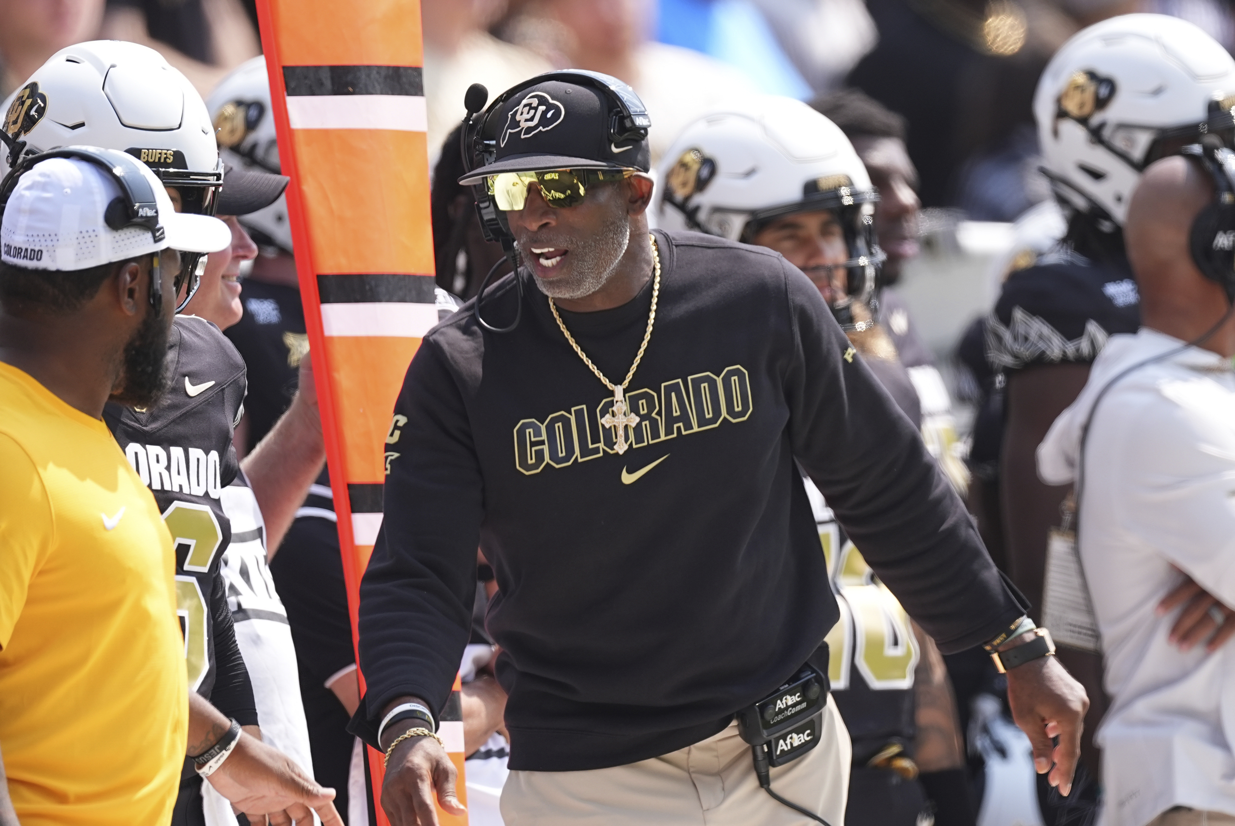 Colorado head coach Deion Sanders directs players in the first half of an NCAA college football game against Delaware Saturday, Sept. 6, 2025, in Boulder, Colo. 