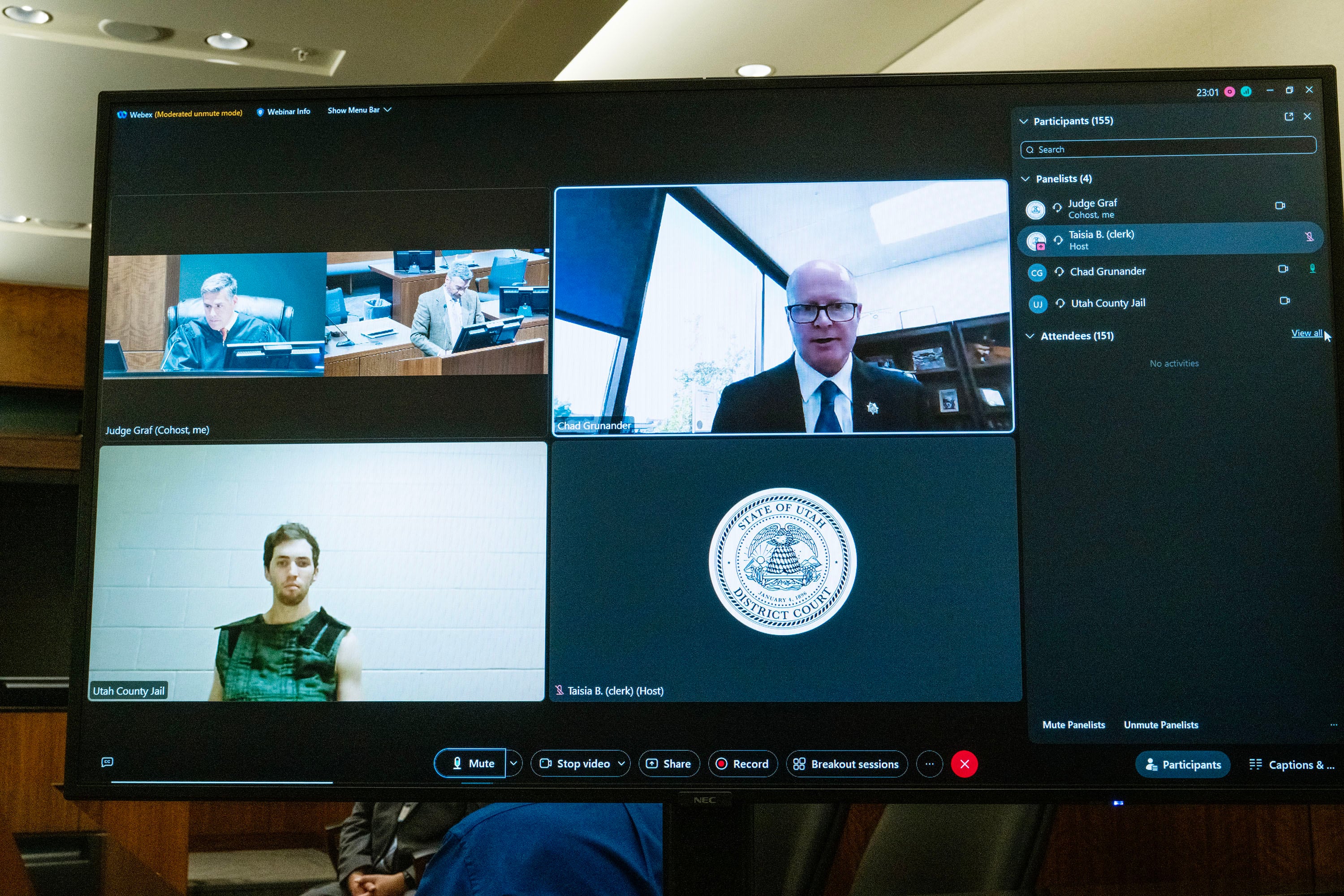 Tyler Robinson, 22, the suspect in the shooting death of Charlie Kirk, appears by camera before Judge Tony Graf in Utah's 4th District Court on Tuesday for his initial appearance in Provo.