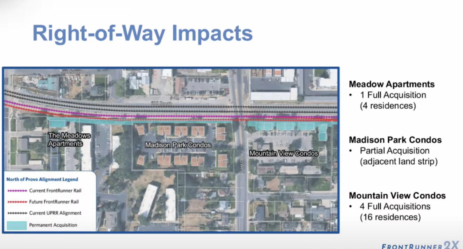 Right-of-Way impacts in Provo are detailed in a presentation from UTA and UDOT on the FrontRunner double track project.