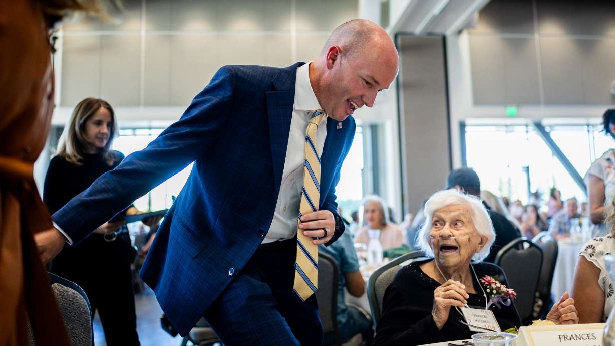 Gov. Spencer Cox sits down with Frances Mitchell, 109, at the 37th annual Utah’s Club Centenarians celebration at the Viridian Event Center in West Jordan on Tuesday. Fifty-six centenarians were in attendance on Tuesday.