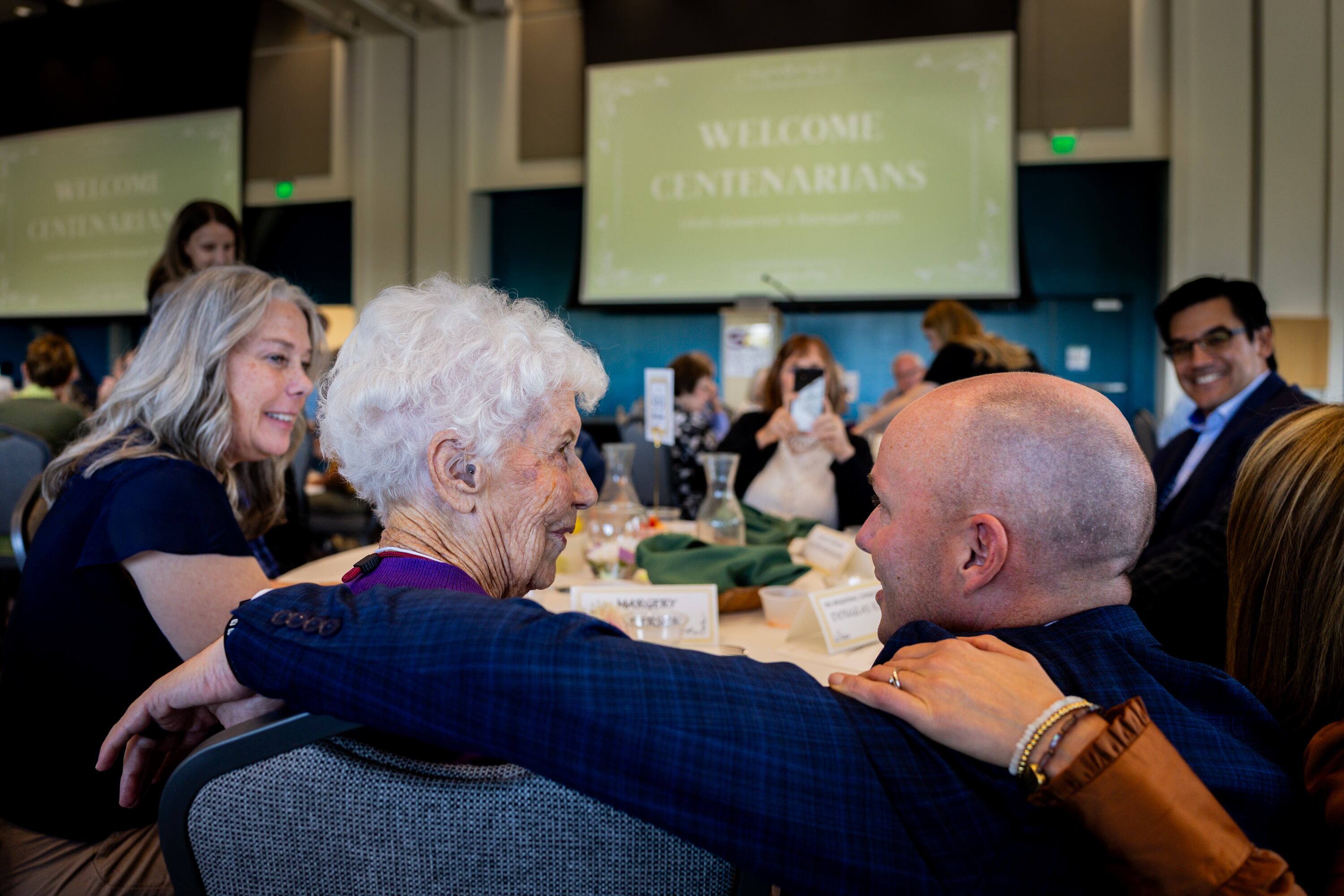 Margery Anderson and Gov. Spencer Cox at the 37th annual Utah’s Club Centenarians celebration in West Jordan on Tuesday. Cox and his wife greeted each of the centenarians in attendence.