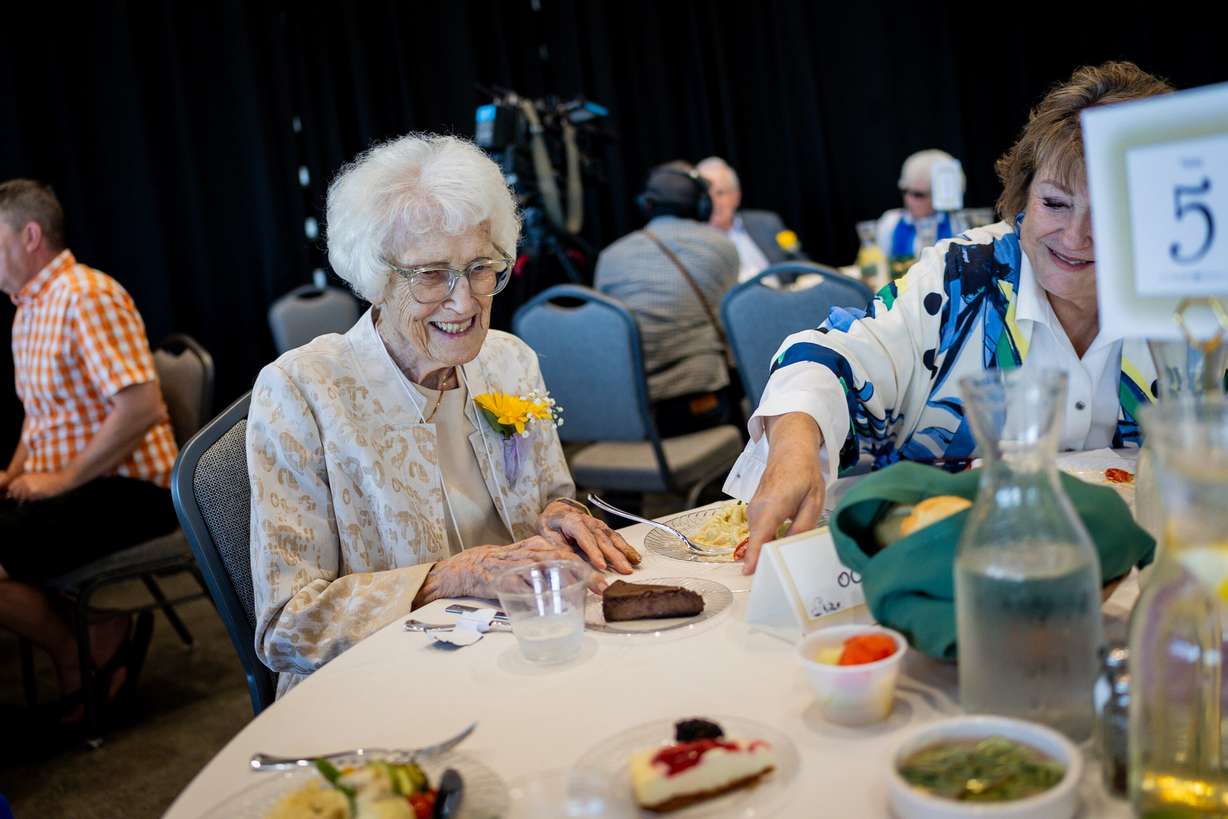 Centenarian and military veteran Phyllis Ockerman at the 37th annual Utah’s Club Centenarians celebration in West Jordan on Tuesday. Ockerman's advice to young people was to understand that things will work out.