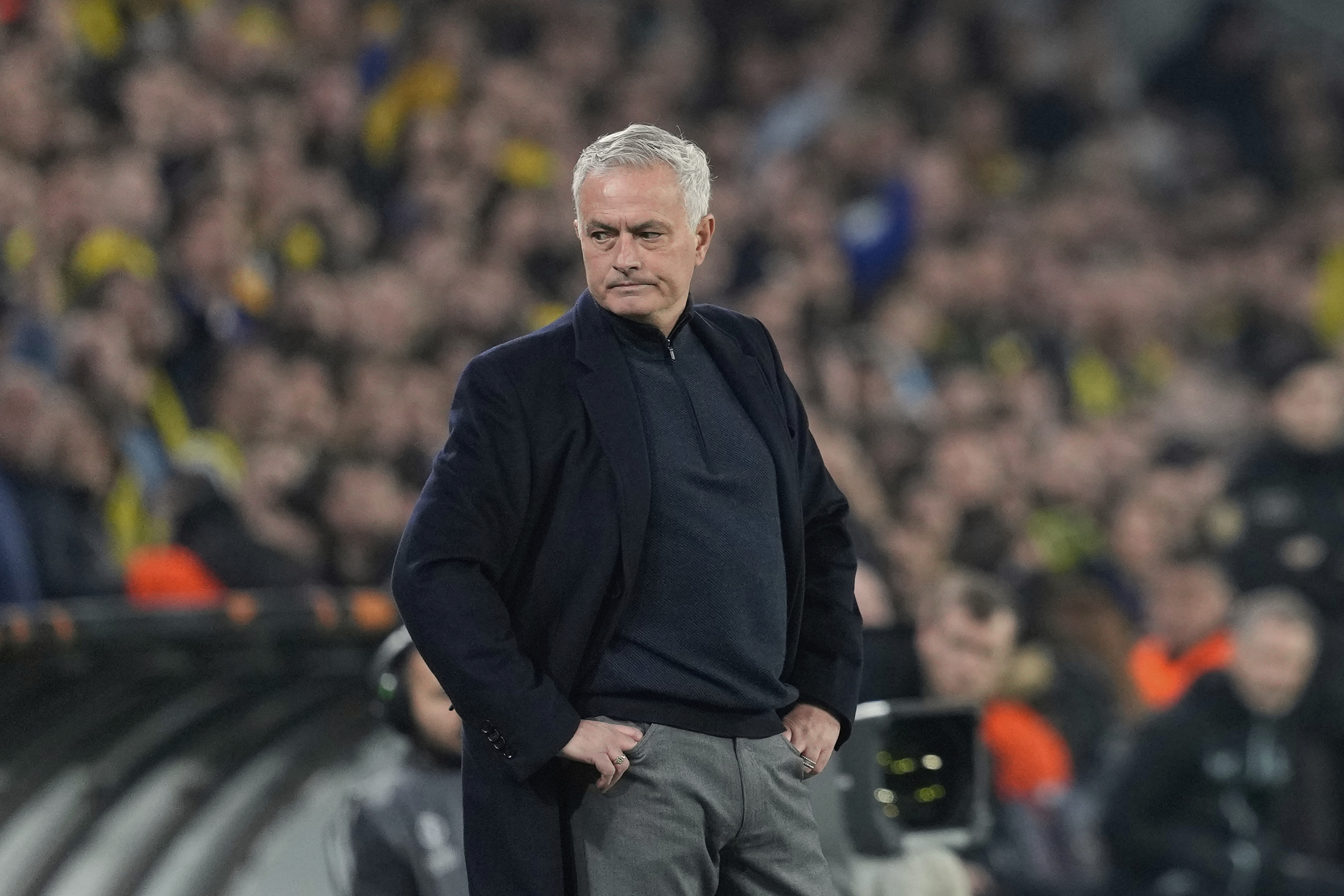 FILE - Fenerbahce's head coach Jose Mourinho looks on prior to the Europa League round of 16 first leg soccer match between Fenerbahce and Rangers at Sukru Saracoglu stadium in Istanbul, Turkey, Thursday, March 6, 2025. 