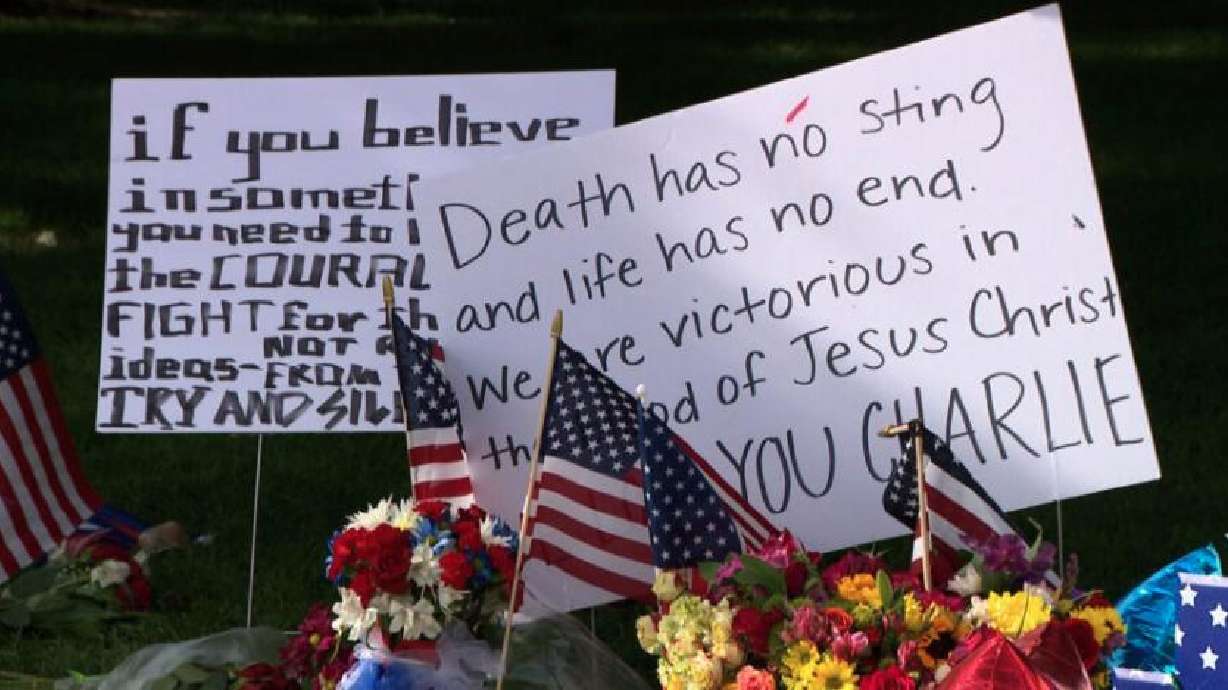 A memorial honoring Charlie Kirk on the campus of Utah Valley University is pictured on Saturday. A family of 16 was reeling from the chaos and fear they experienced the day of Kirk's passing.