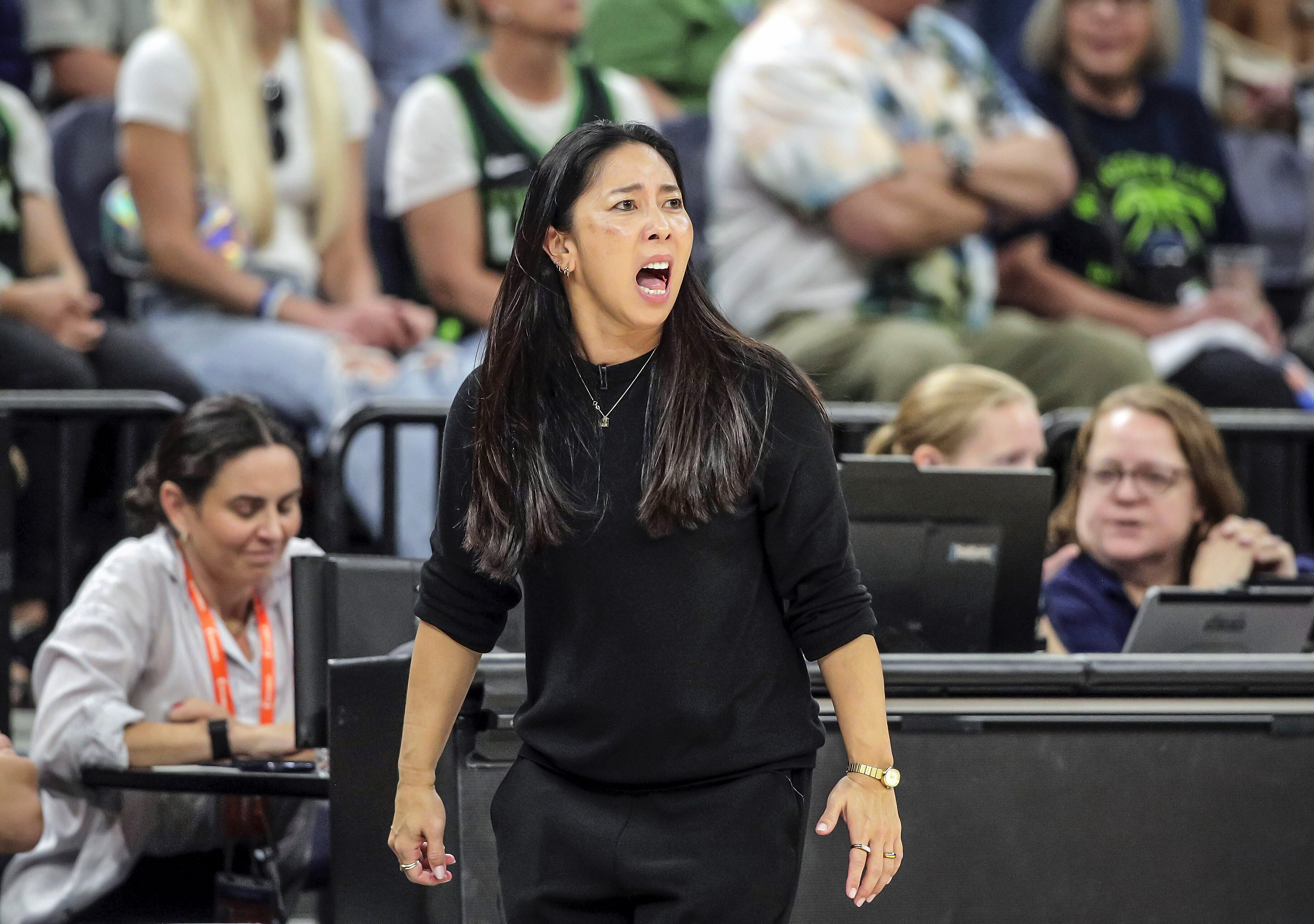 Valkyries head coach Natalie Nakase reacts to a play on the court in the second half as the Golden State Valkyries played the Minnesota Lynx in Game 1 of the WNBA first round playoffs at Target Center in Minneapolis, Minn, on Sunday, Sept. 14, 2025. 