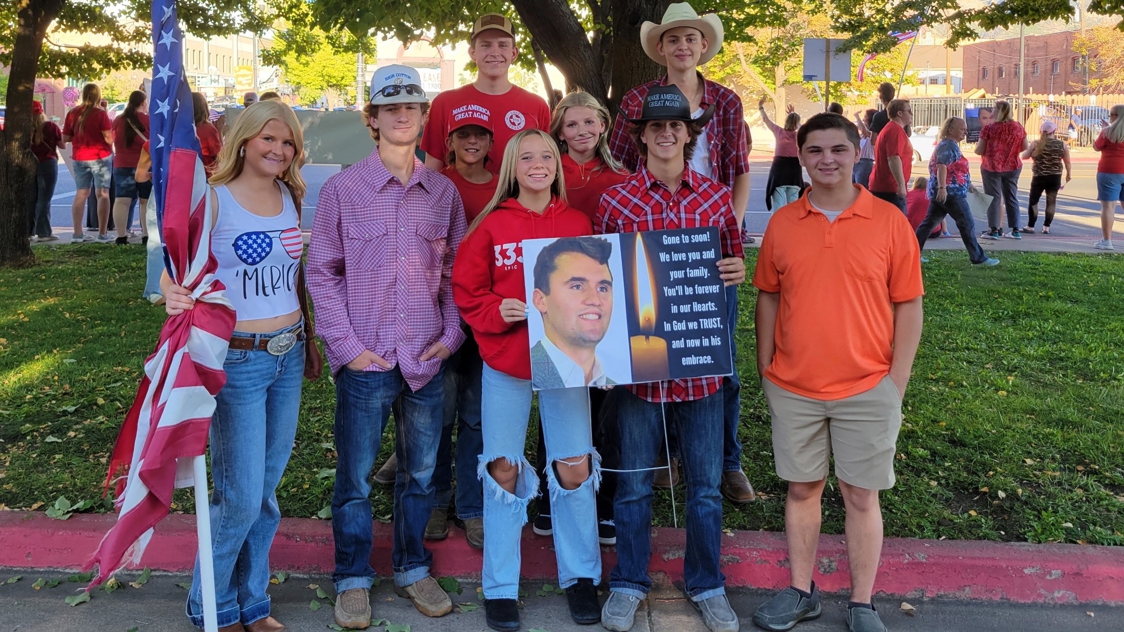 Members of Fremont High School's Turning Point USA club are pictured on Sept. 14 at Union Station in Ogden during a vigil for Charlie Kirk. Race Martini, the group's secretary, is pictured on the right.