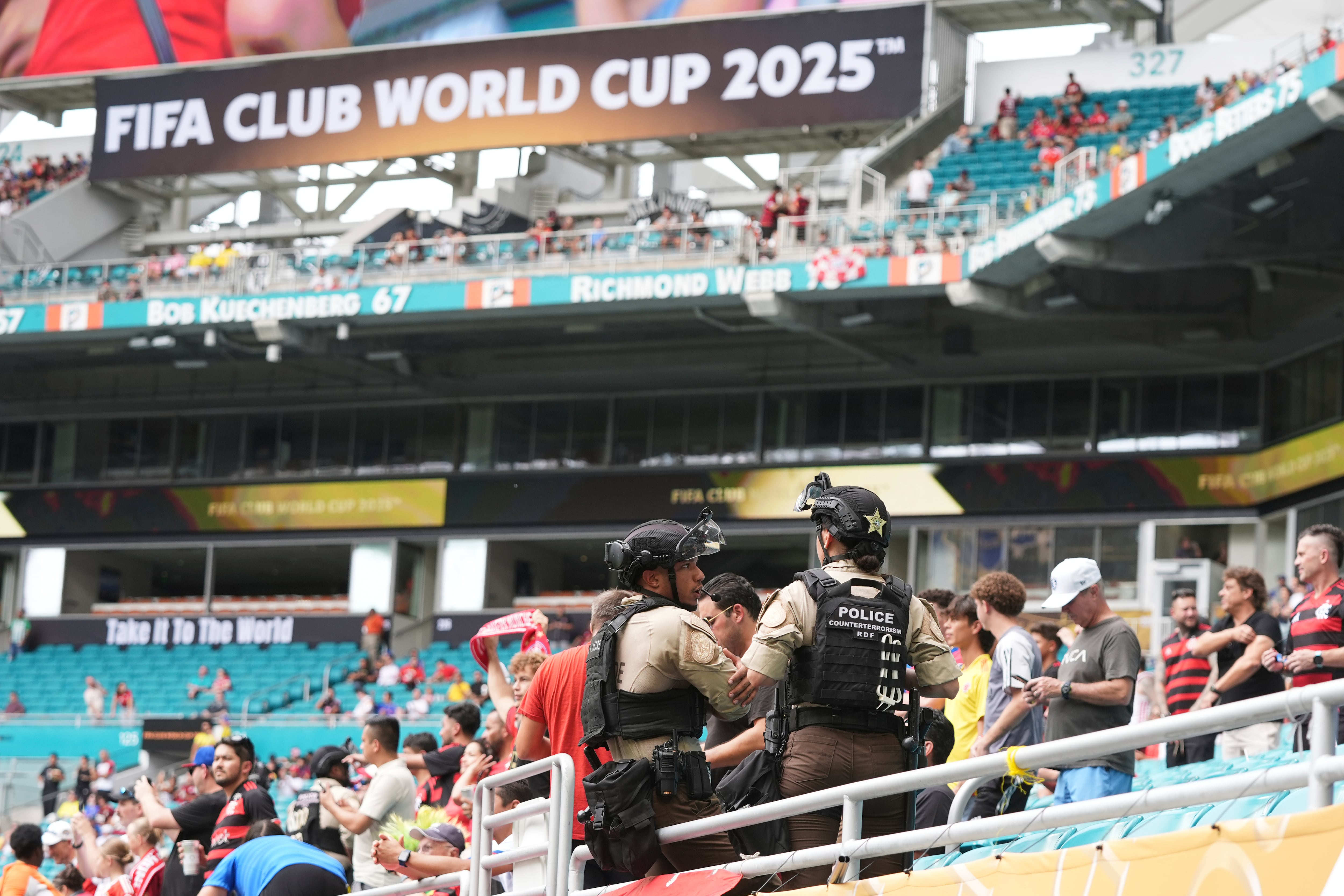 Security officials take up positions ahead of the Club World Cup round of 16 soccer match between CR Flamengo and Bayern Munich in Miami Gardens, Fla., June 29.