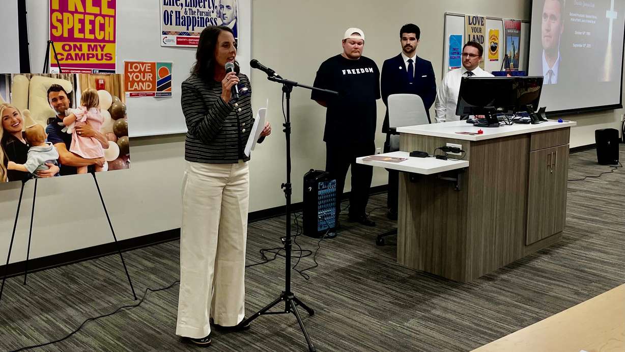 Utah Rep. Jill Koford, R-Ogden, addresses a vigil for conservative activist Charlie Kirk on Wednesday at Weber State University in Ogden. Kirk was assassinated in Orem on Sept. 10.