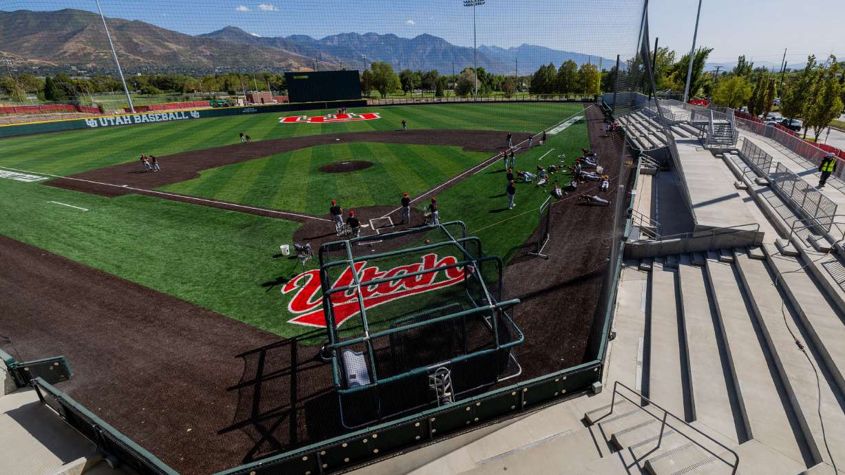University of Utah baseball players practice as seen from the press box during a media tour given by the University of Utah Baseball and Layton Construction at the Charlie Monfort Field at America First Ballpark in Salt Lake City on Wednesday, Sept. 17, 2025.