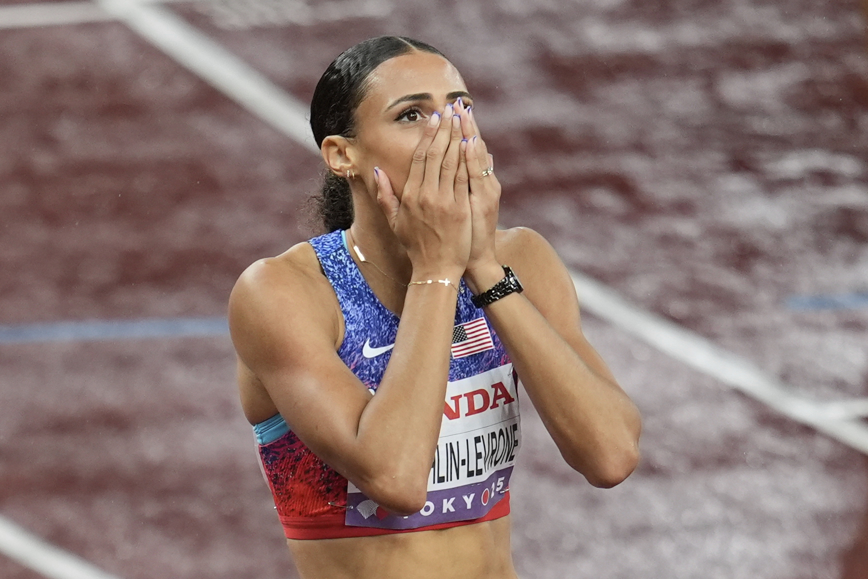 United States' Sydney McLaughlin-Levrone, reacts after winning in the women's 400 meters final at the World Athletics Championships in Tokyo, Thursday, Sept. 18, 2025. 