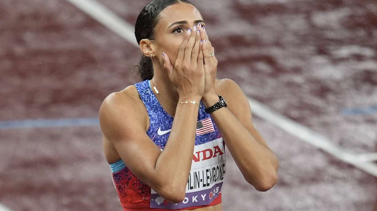 United States' Sydney McLaughlin-Levrone, reacts after winning in the women's 400 meters final at the World Athletics Championships in Tokyo, Thursday, Sept. 18, 2025.