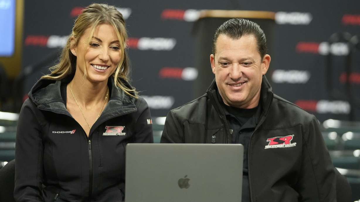 FILE - Leah Pruett and her husband Tony Stewart speak during a news conference, Thursday, Dec. 7, 2023, in Indianapolis.