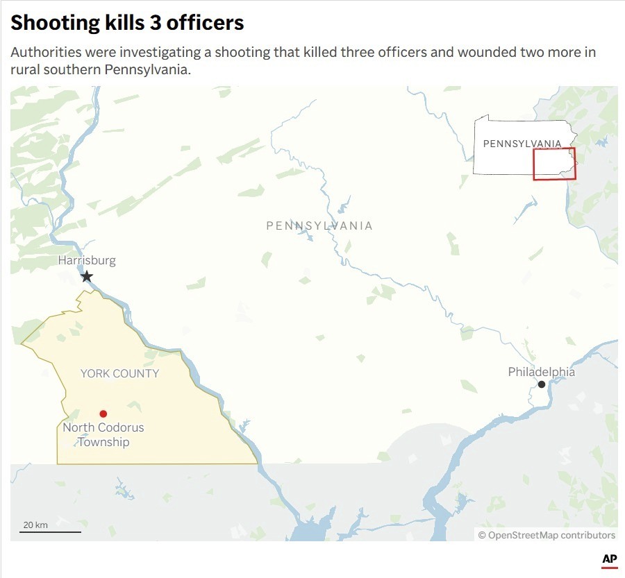 A map of yesterday's shooting in rural south central Pennsylvania that killed three police officers and wounded two others.