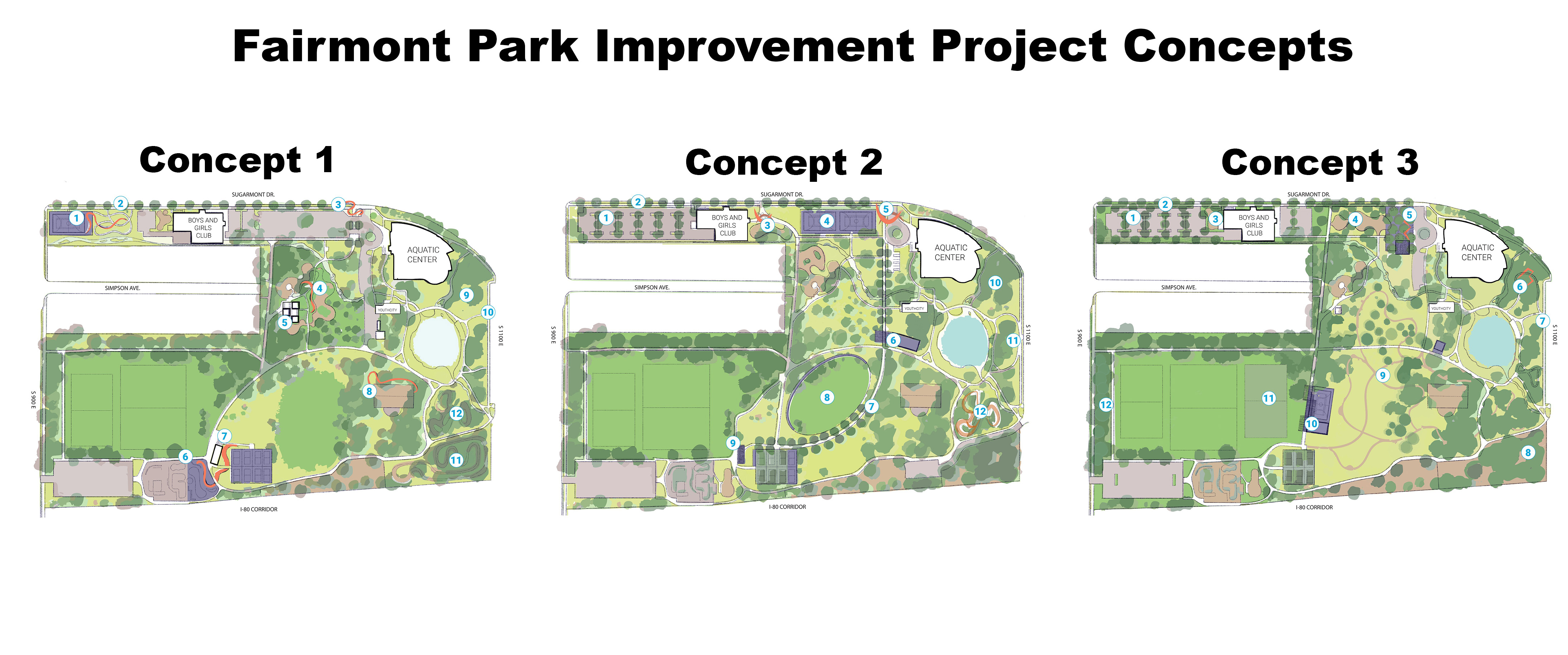 The three Fairmont Park layout concepts that Salt Lake City released on Thursday for the future of the park in Sugar House.