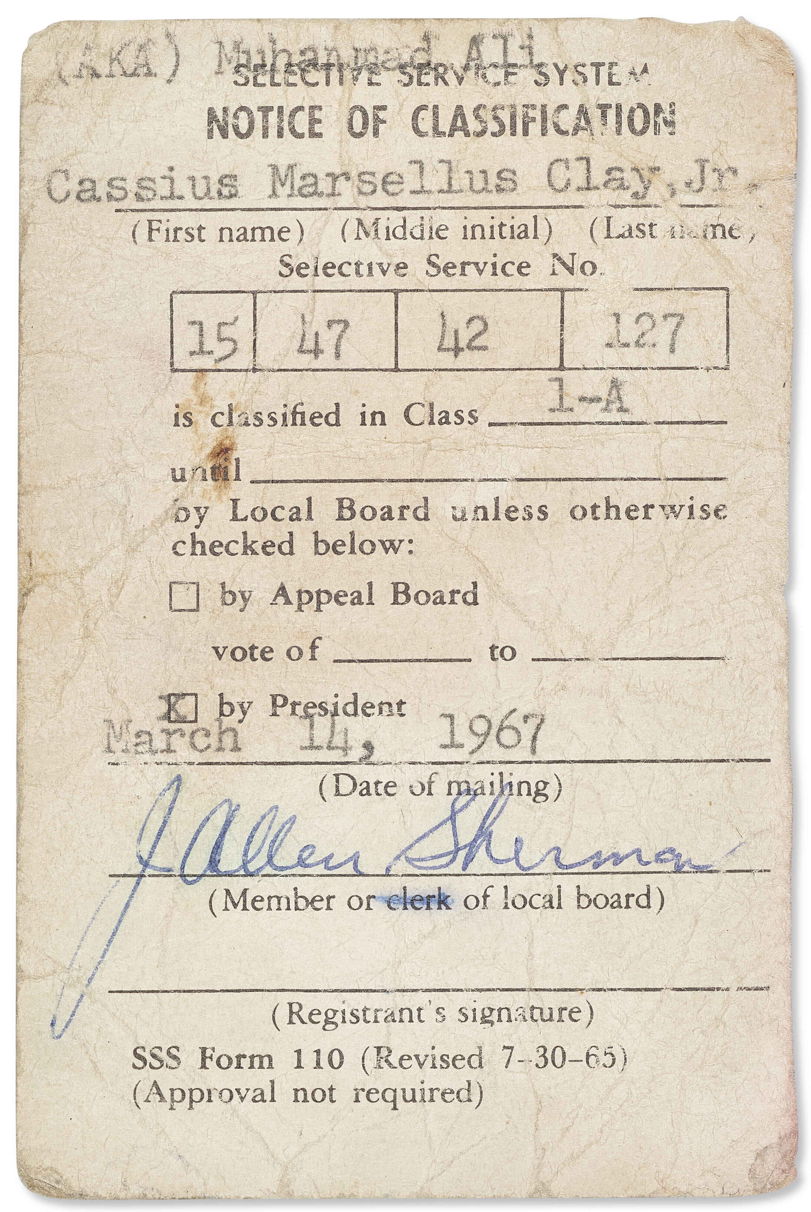 This image provided by Christie’s Auction House shows Muhammad Ali's draft card.