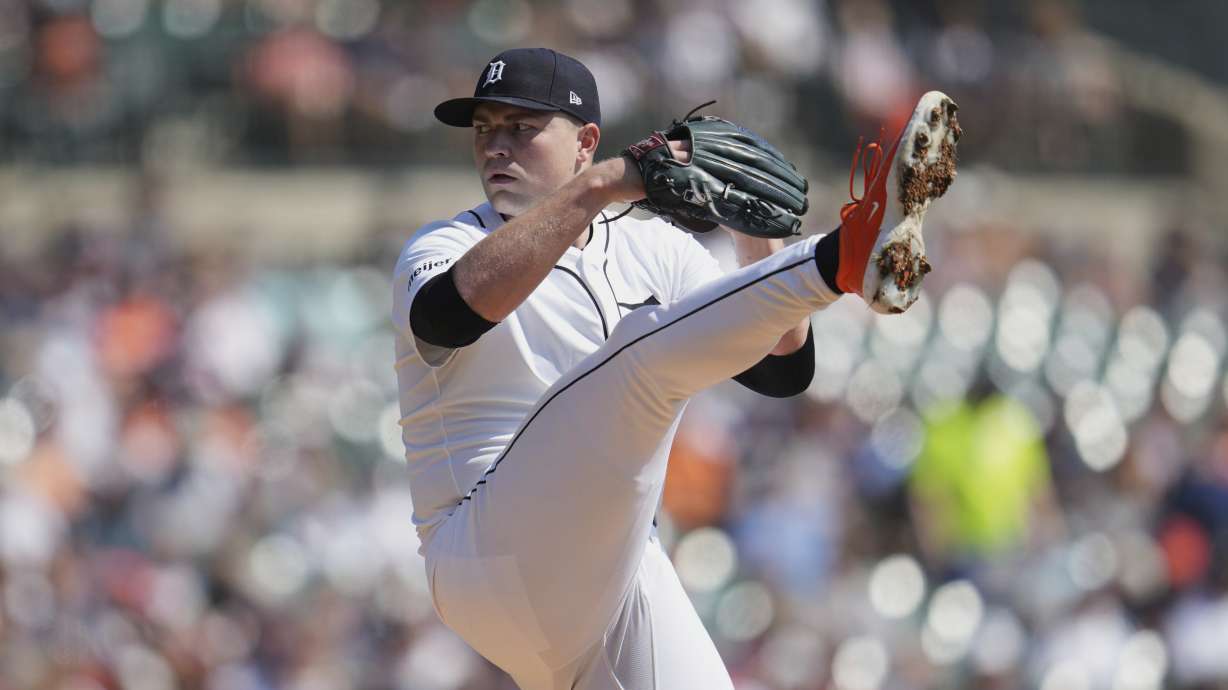 Detroit Tigers pitcher Tarik Skubal throws against the Cleveland Guardians during the first inning of a baseball game Thursday, Sept. 18, 2025, in Detroit.