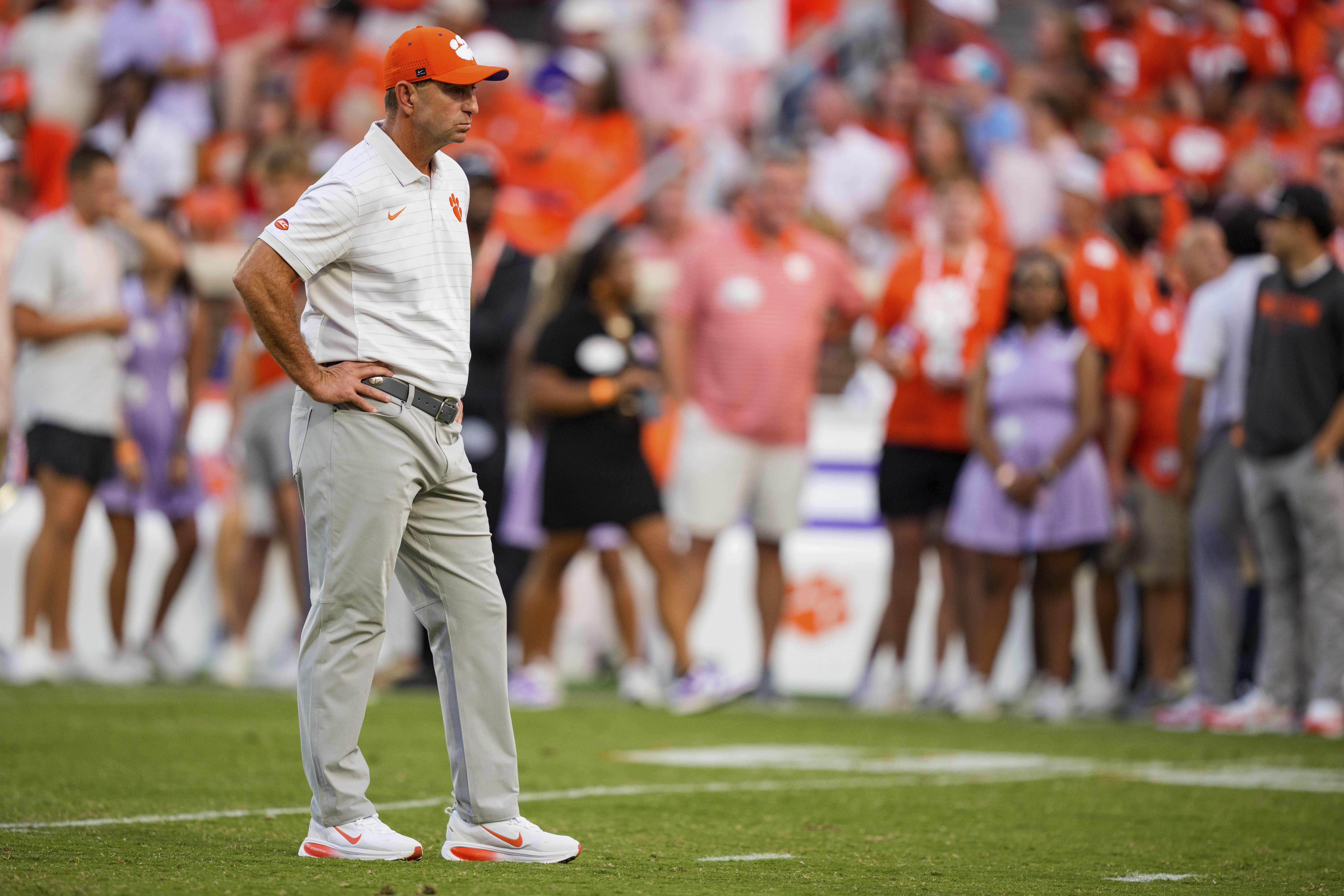 Clemson head coach Dabo Swinney looks on before an NCAA college football game against LSU, Saturday, Aug. 30, 2025, in Clemson, S.C. 