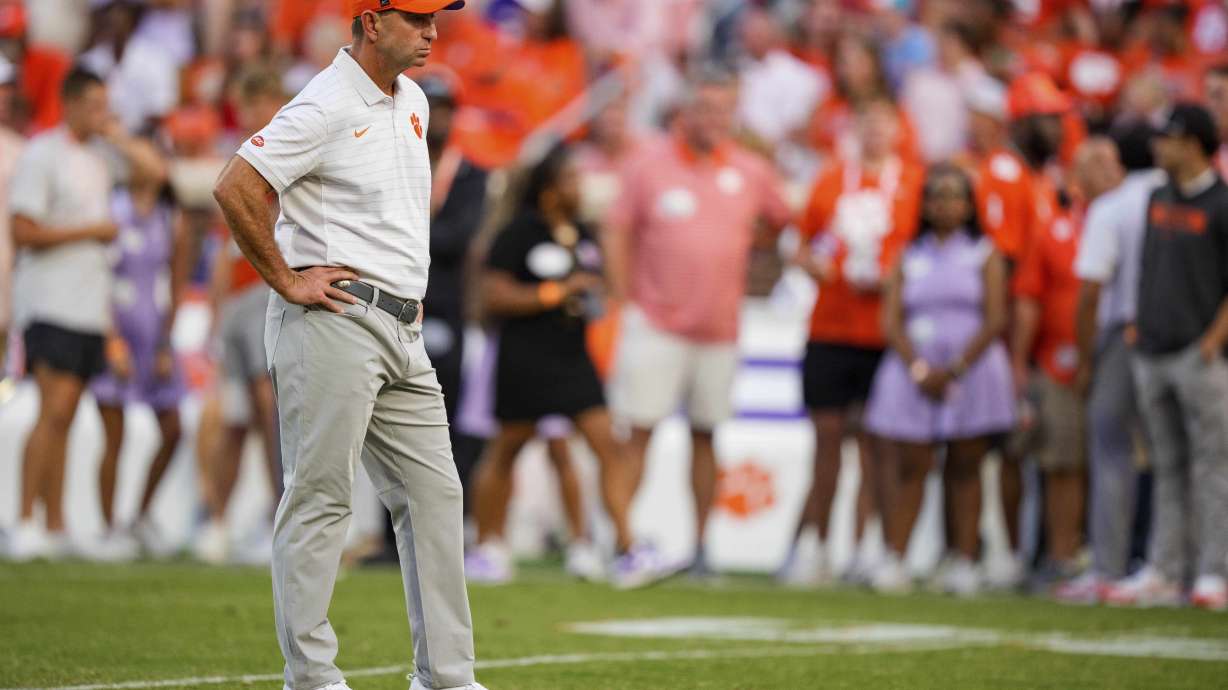 Clemson head coach Dabo Swinney looks on before an NCAA college football game against LSU, Saturday, Aug. 30, 2025, in Clemson, S.C.