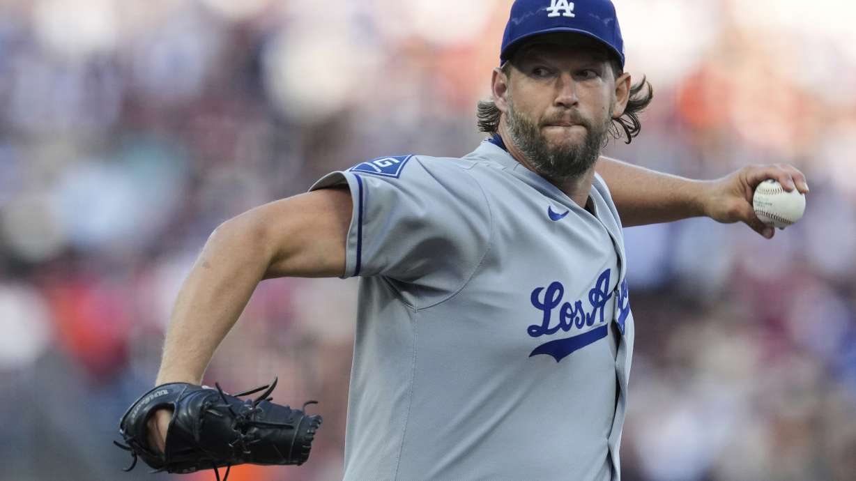Los Angeles Dodgers' Clayton Kershaw pitches to a San Francisco Giants batter during the first inning of a baseball game Saturday, Sept. 13, 2025, in San Francisco.