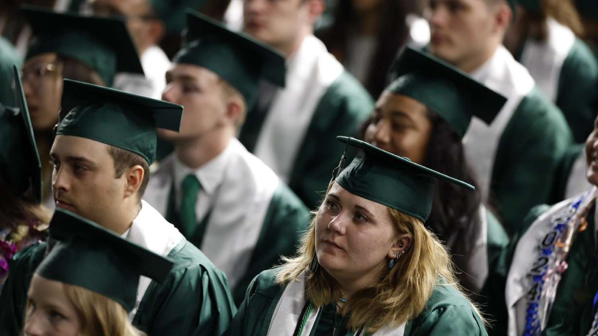 Utah Valley University graduates listen to speakers, May 2, 2024, during commencement at Utah Valley University in Orem.
