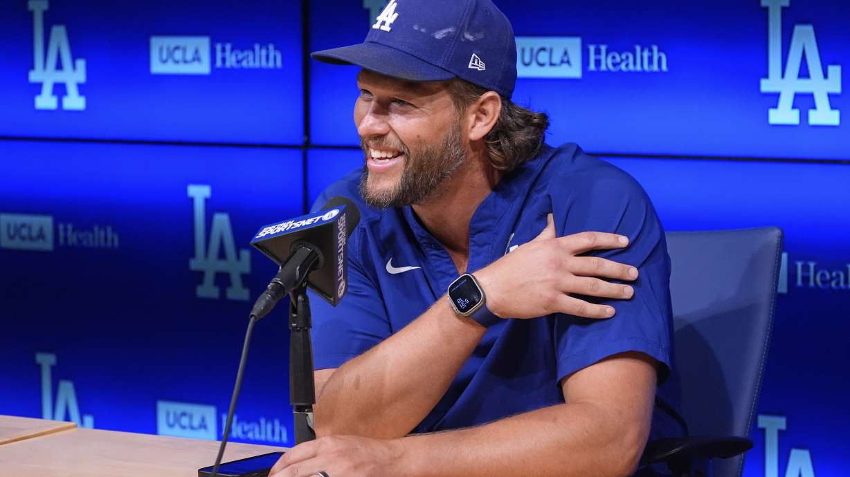 Los Angeles Dodgers pitcher Clayton Kershaw speaks to the media after announcing his retirement at the end of the season prior to a baseball game against the Philadelphia Phillies Thursday, Sept. 18, 2025, in Los Angeles.